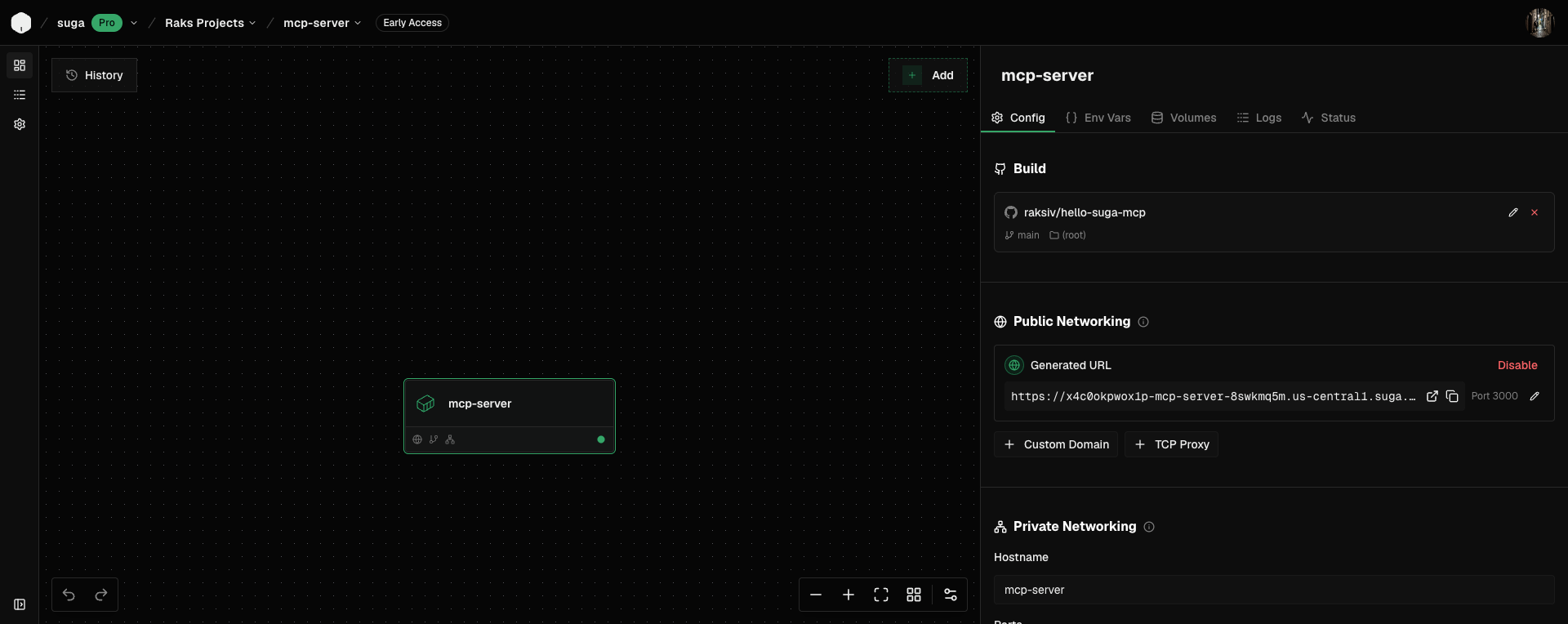 Suga canvas showing the MCP server container with its connected GitHub repo and generated URL in the properties panel