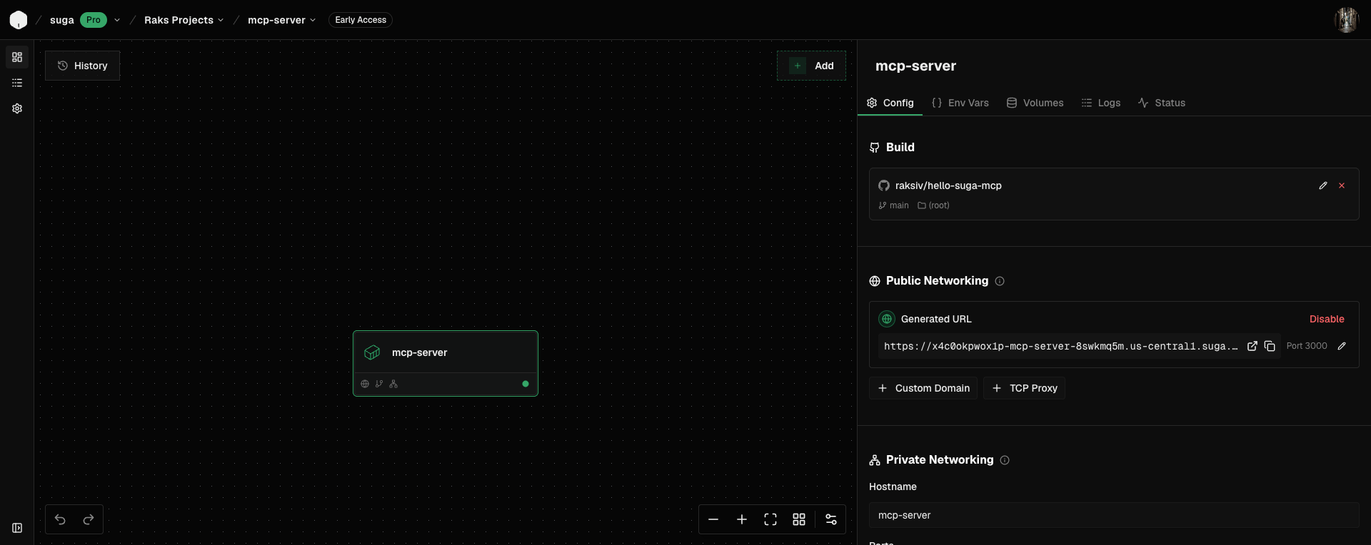 Suga canvas showing the MCP server container with its connected GitHub repo and generated URL in the properties panel