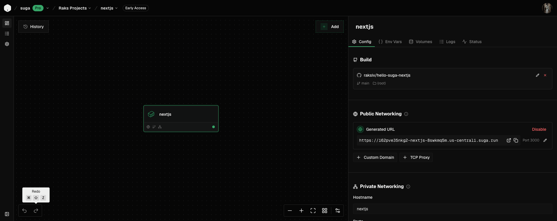 Suga canvas showing the deployed nextjs container with the connected GitHub repo and generated URL in the properties panel