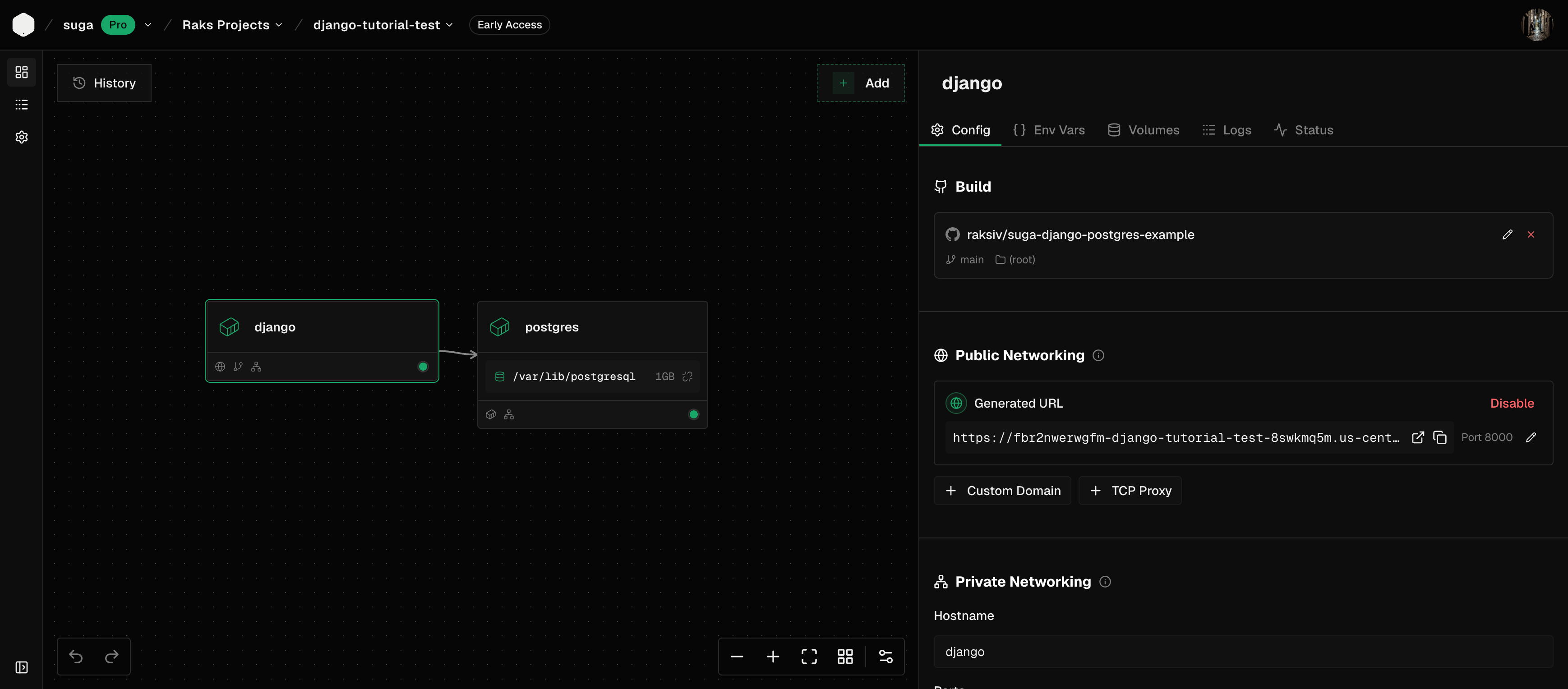 Suga canvas showing postgres and app containers wired together with the postgres data volume attached and the app container's build repo visible in the properties panel