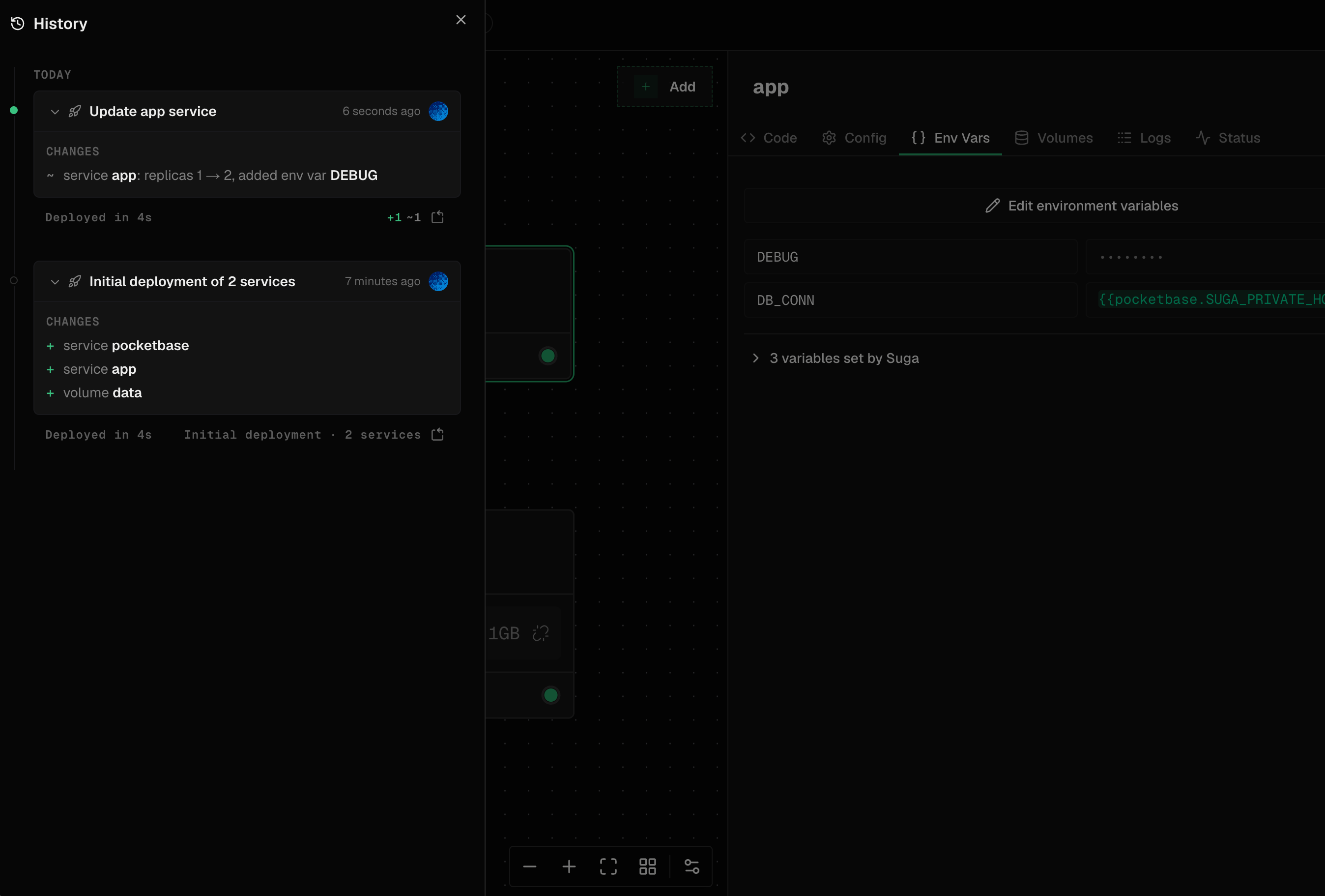Deployment history panel showing previous deployments