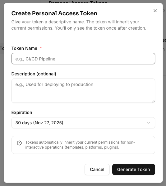 Generate Personal Access Token modal showing fields for token name, expiration date options, and optional description