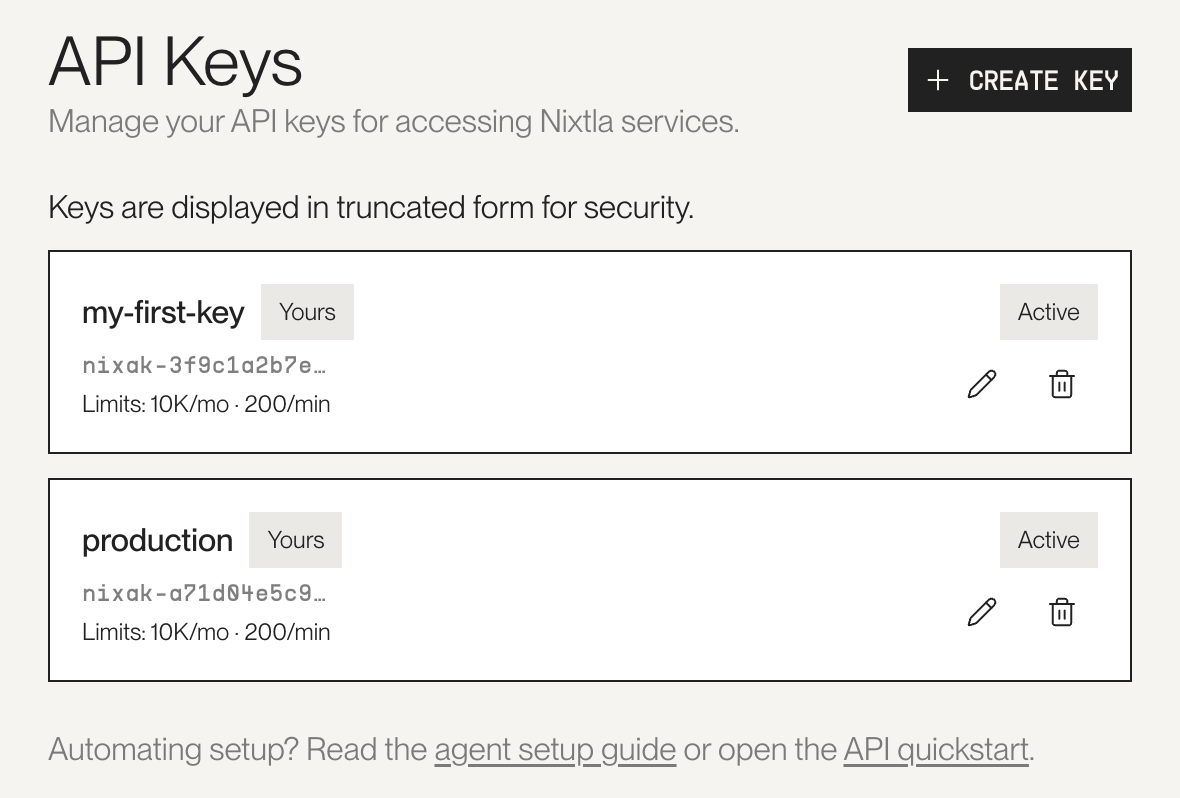 API Keys page in the Nixtla dashboard