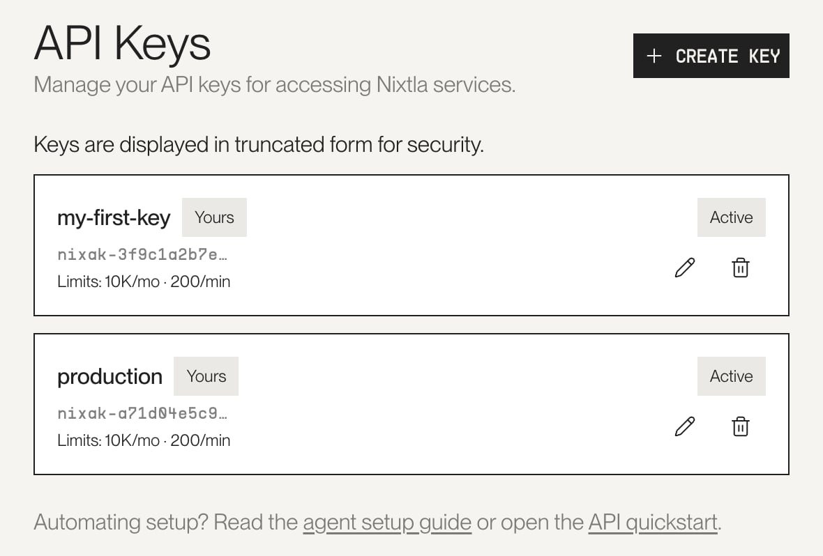 API Keys page in the Nixtla dashboard