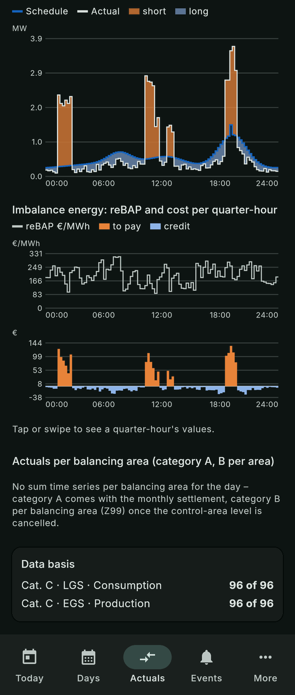 The schedule and actual chart, the reBAP and cost charts, and the actuals per balancing area