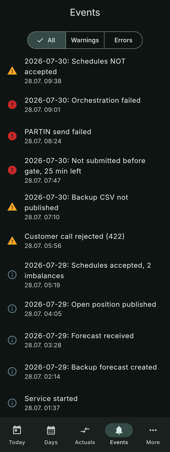 The events list with All, Warnings and Errors