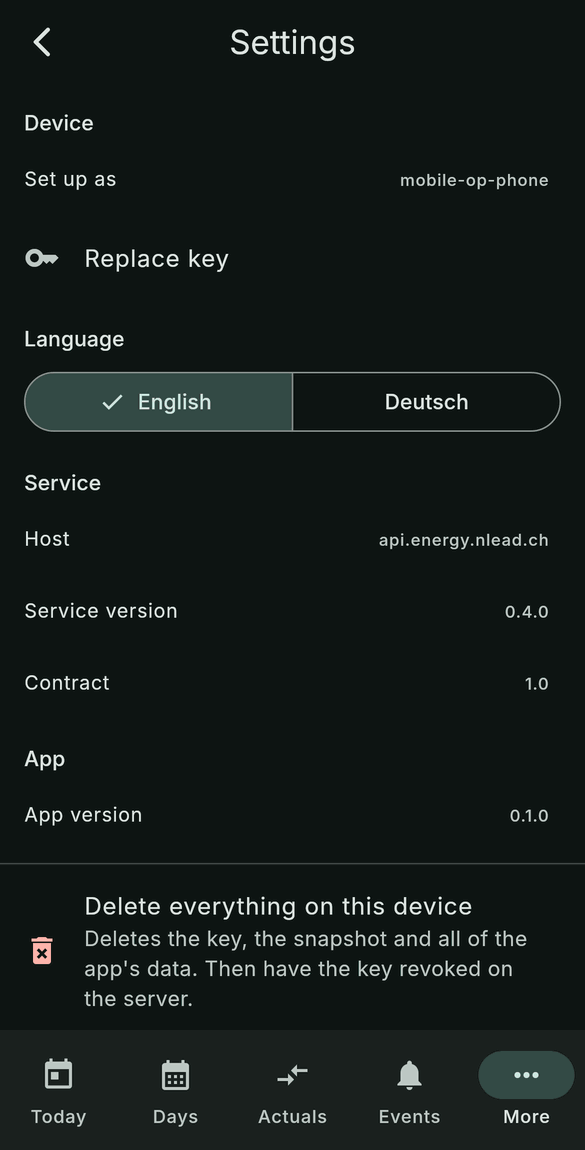 Settings: device, language, service, app version and delete