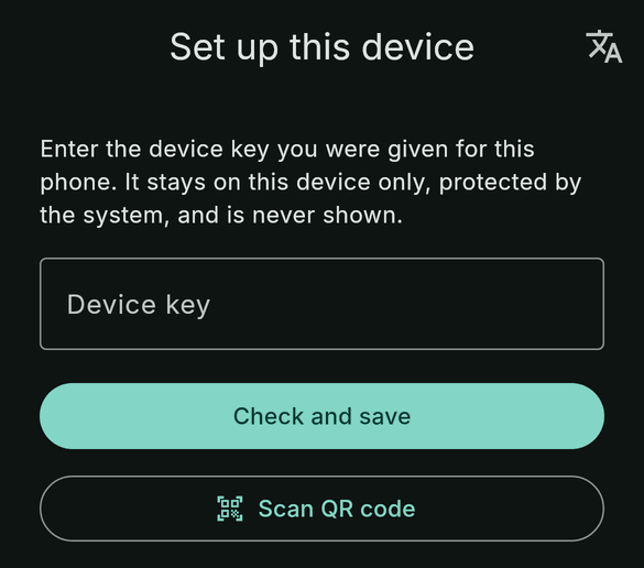 The setup screen with the key field, Check and save, and Scan QR code