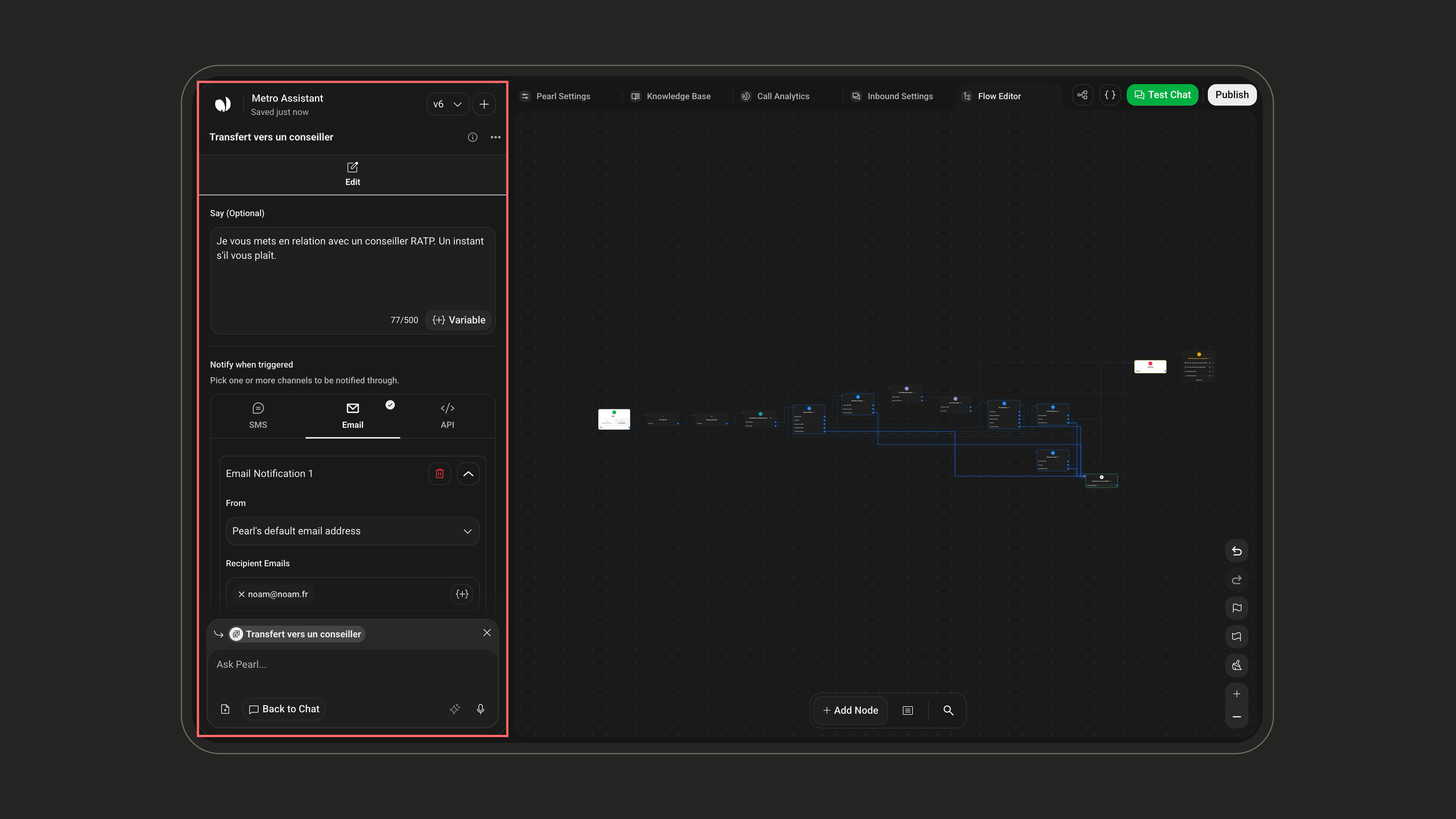 Hand-Off node configuration with the Say field and notification channels