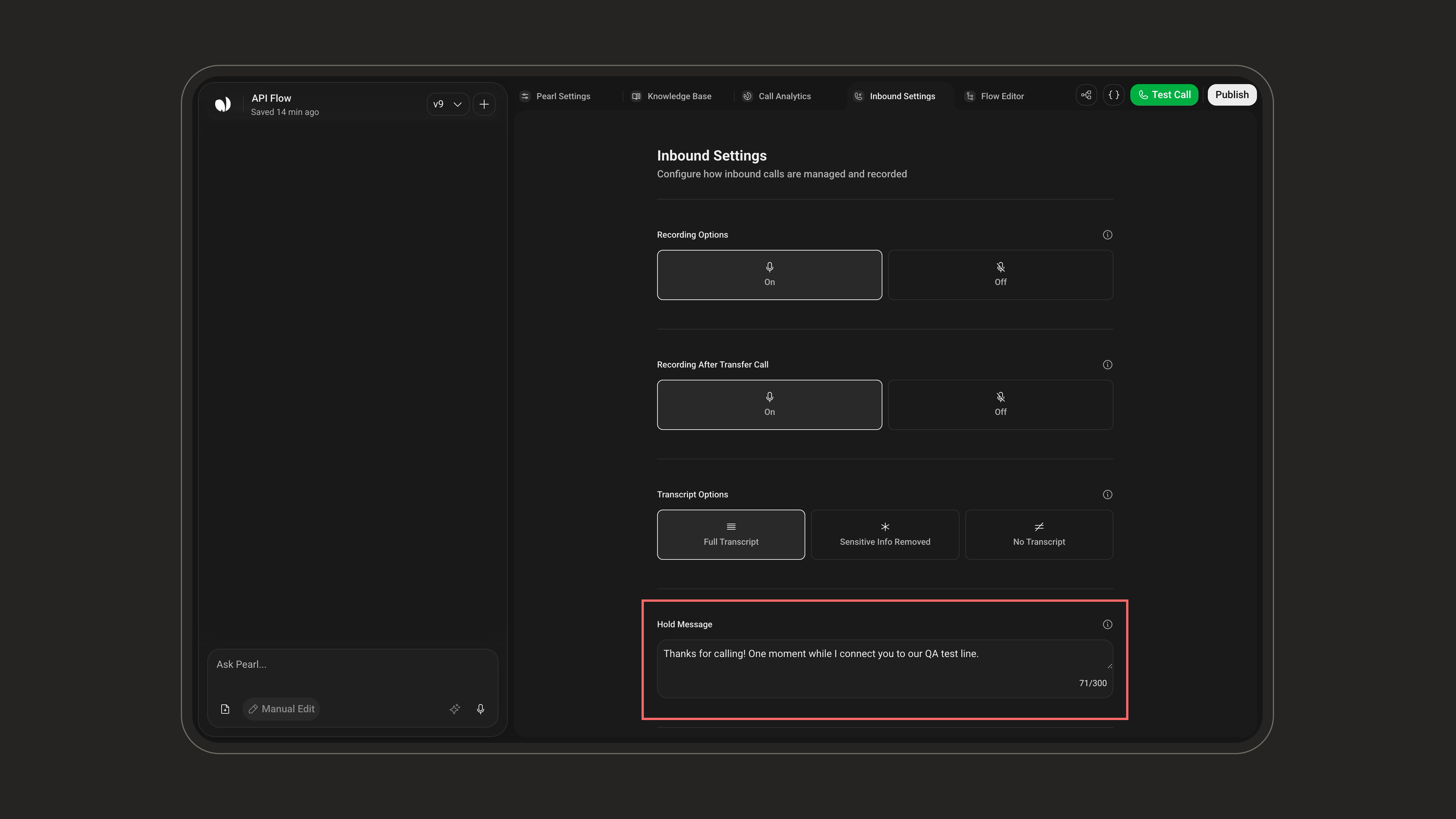 Hold Message setting