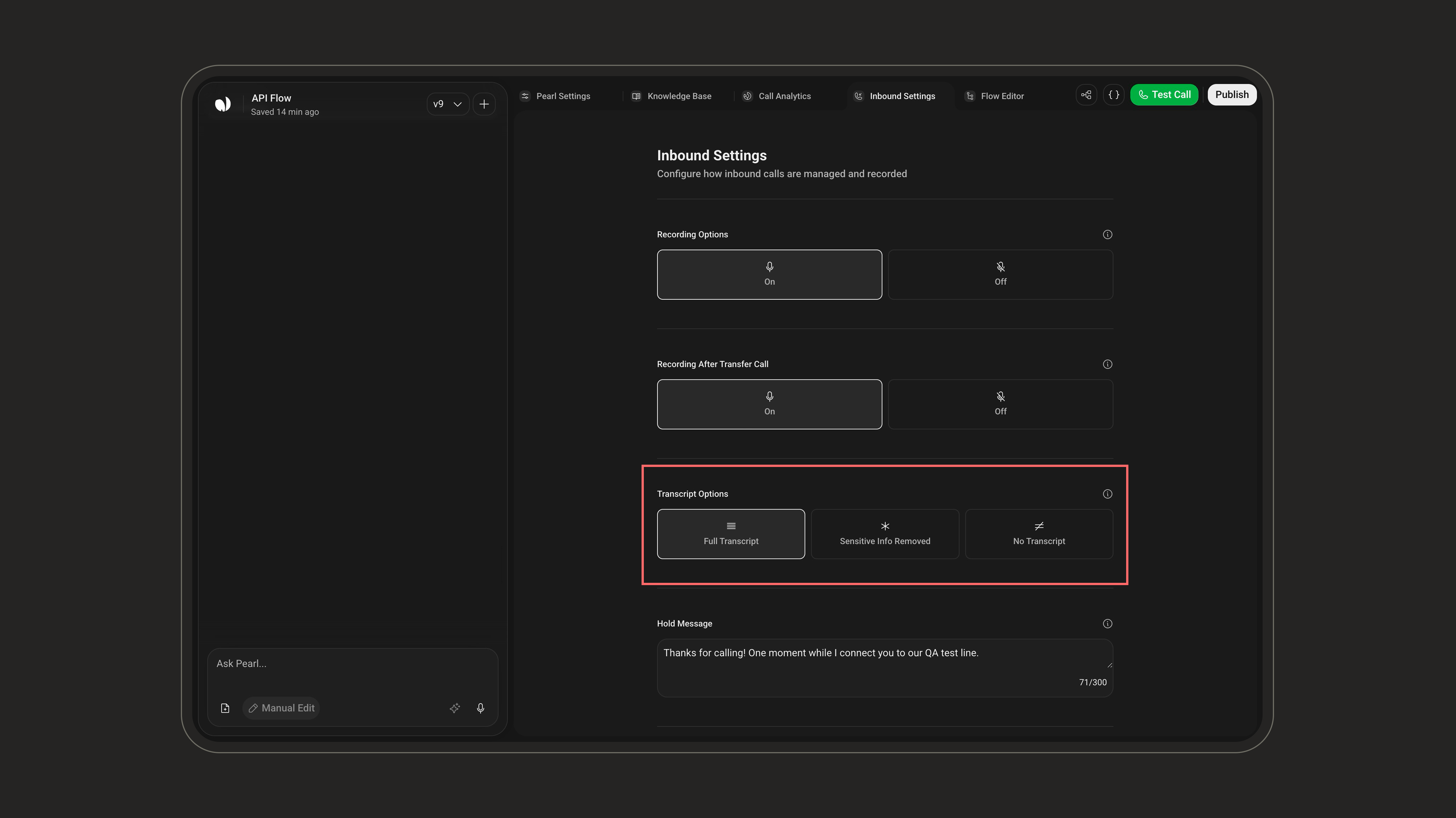 Transcript Options setting
