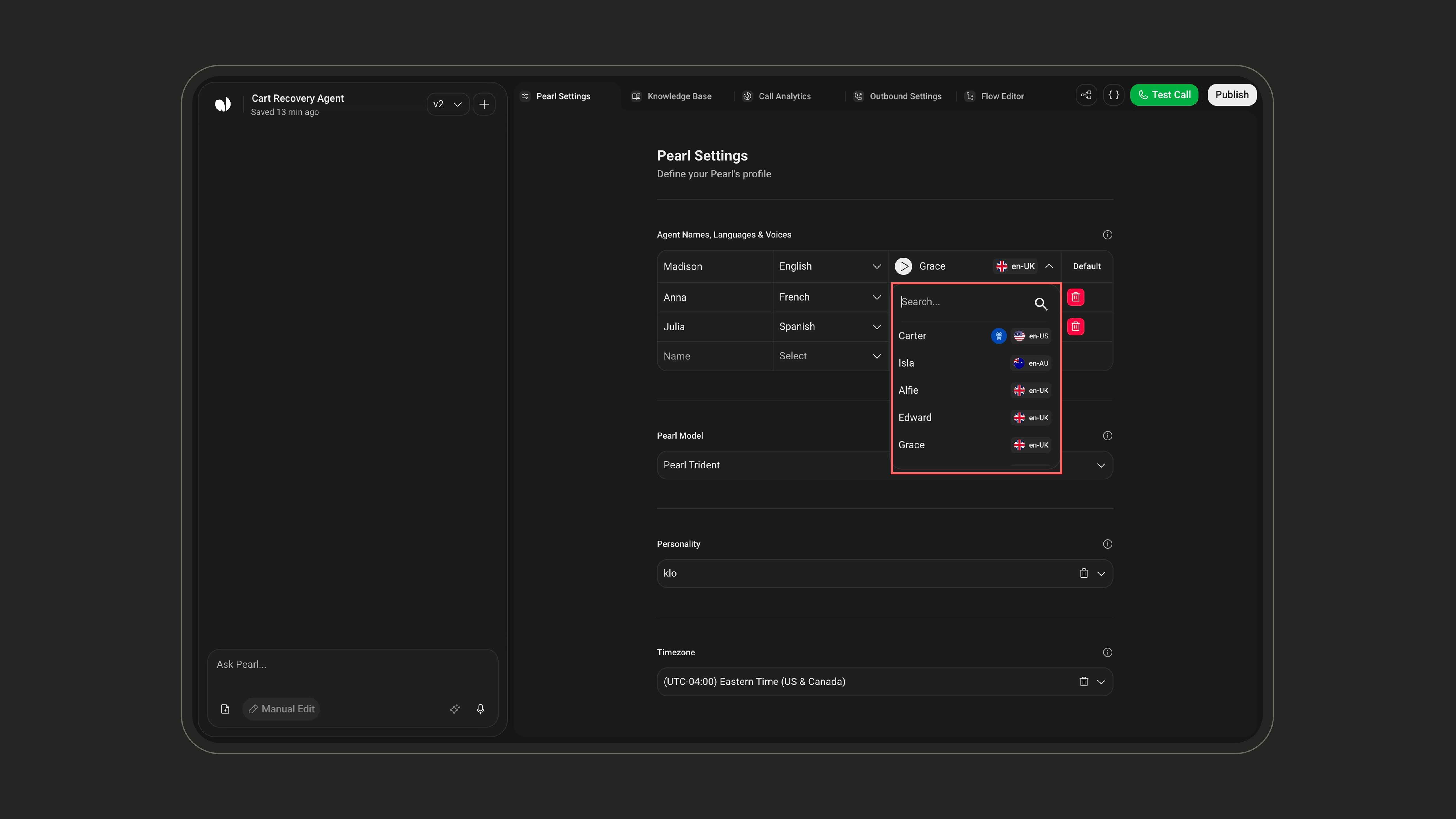 Voice dropdown with search, accent labels and preview