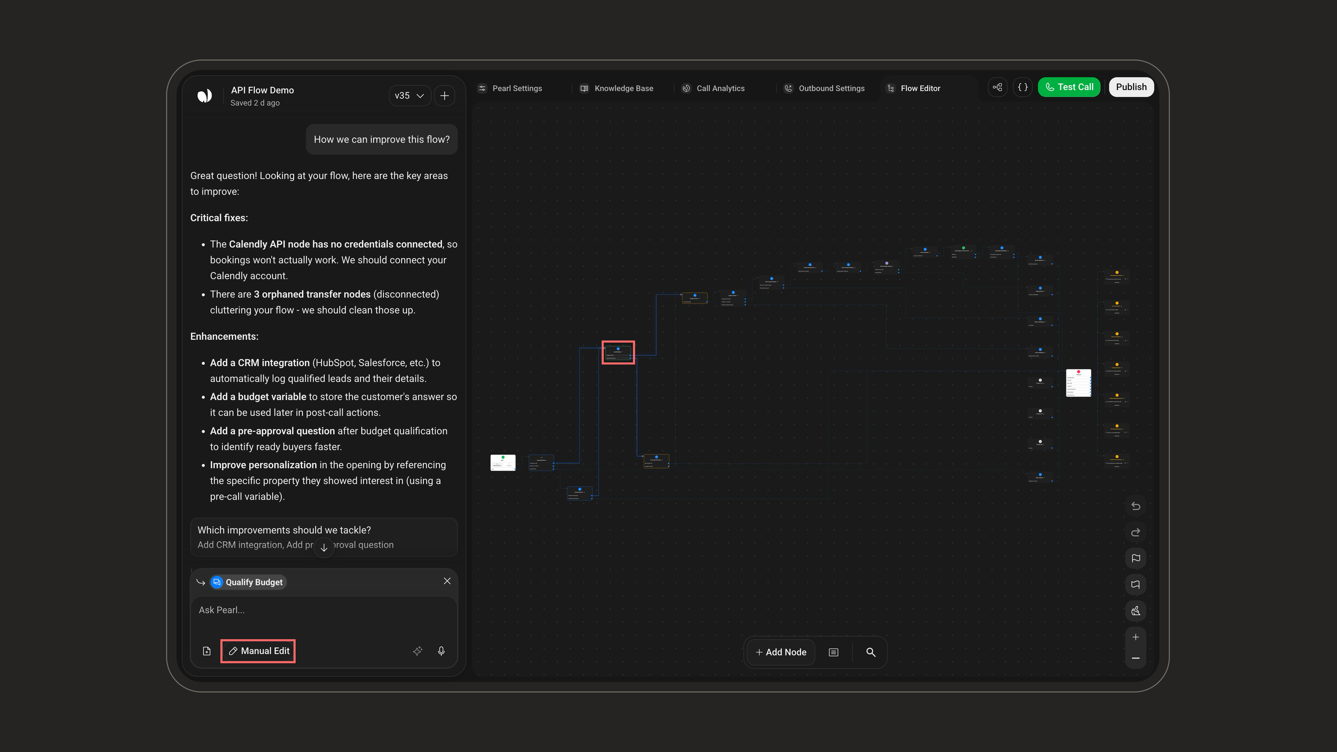 Manual Edit with a node selected in the canvas