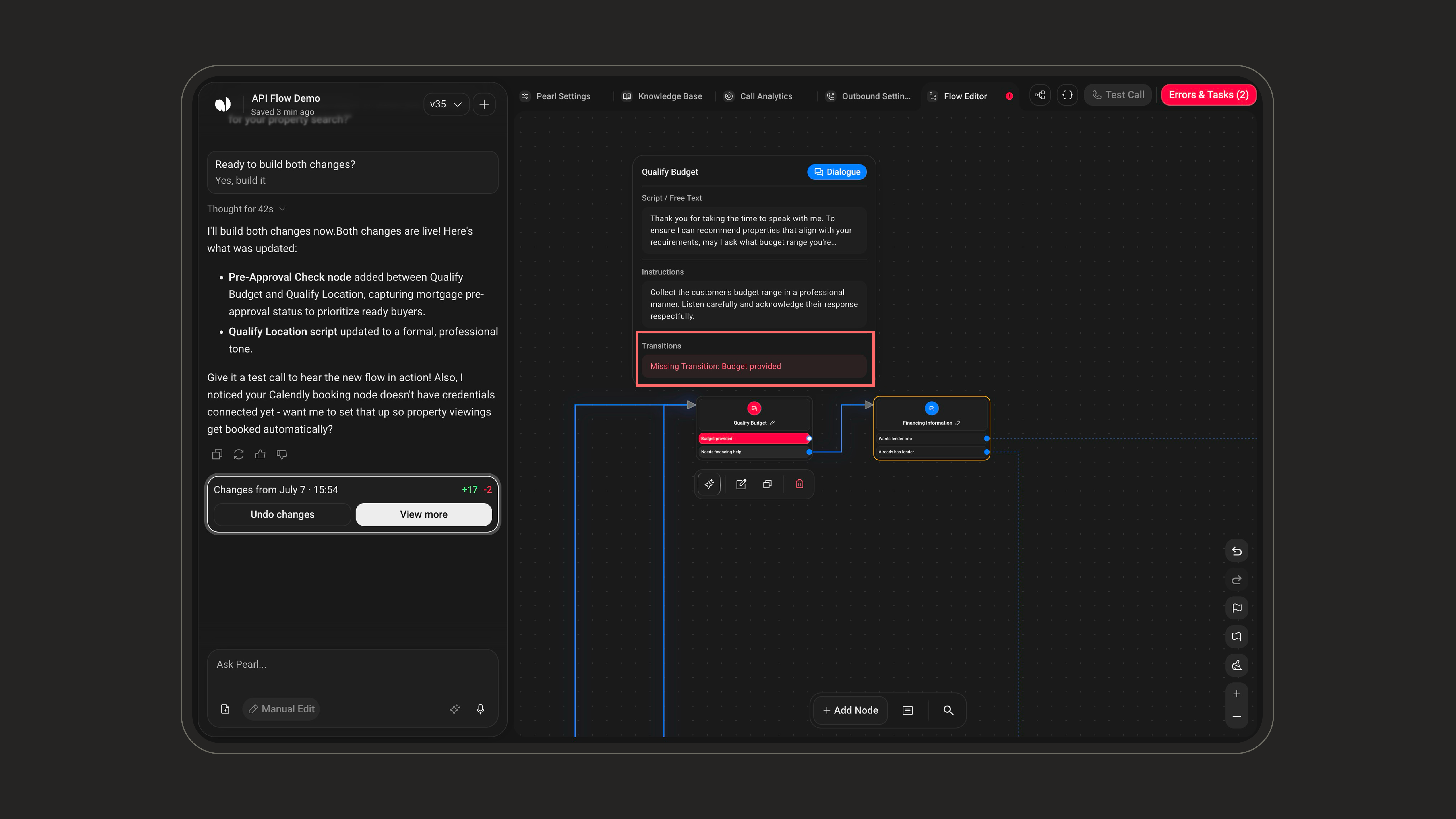 Node flagged with a missing transition error on the canvas