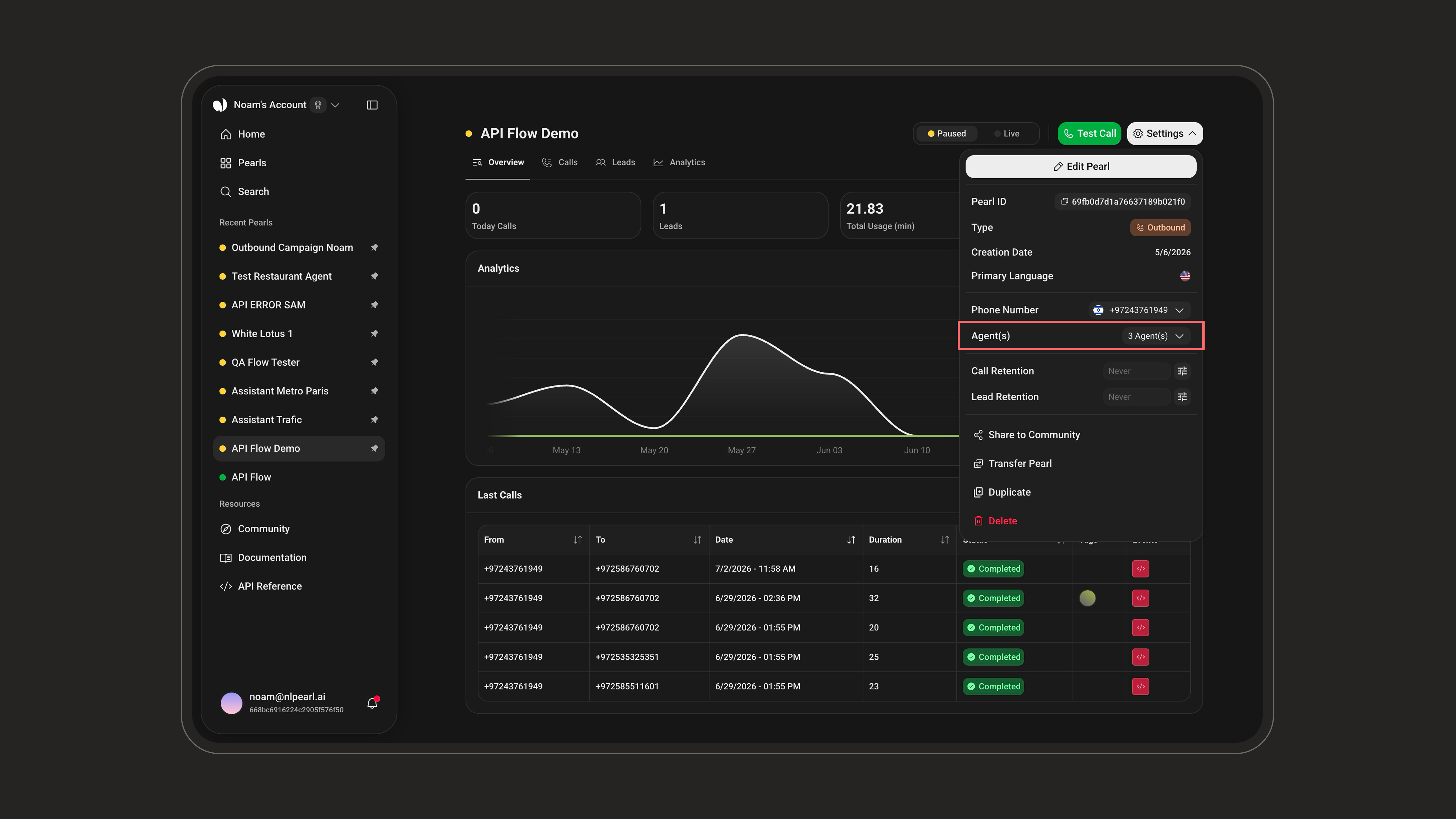 Agents setting in the Pearl settings panel