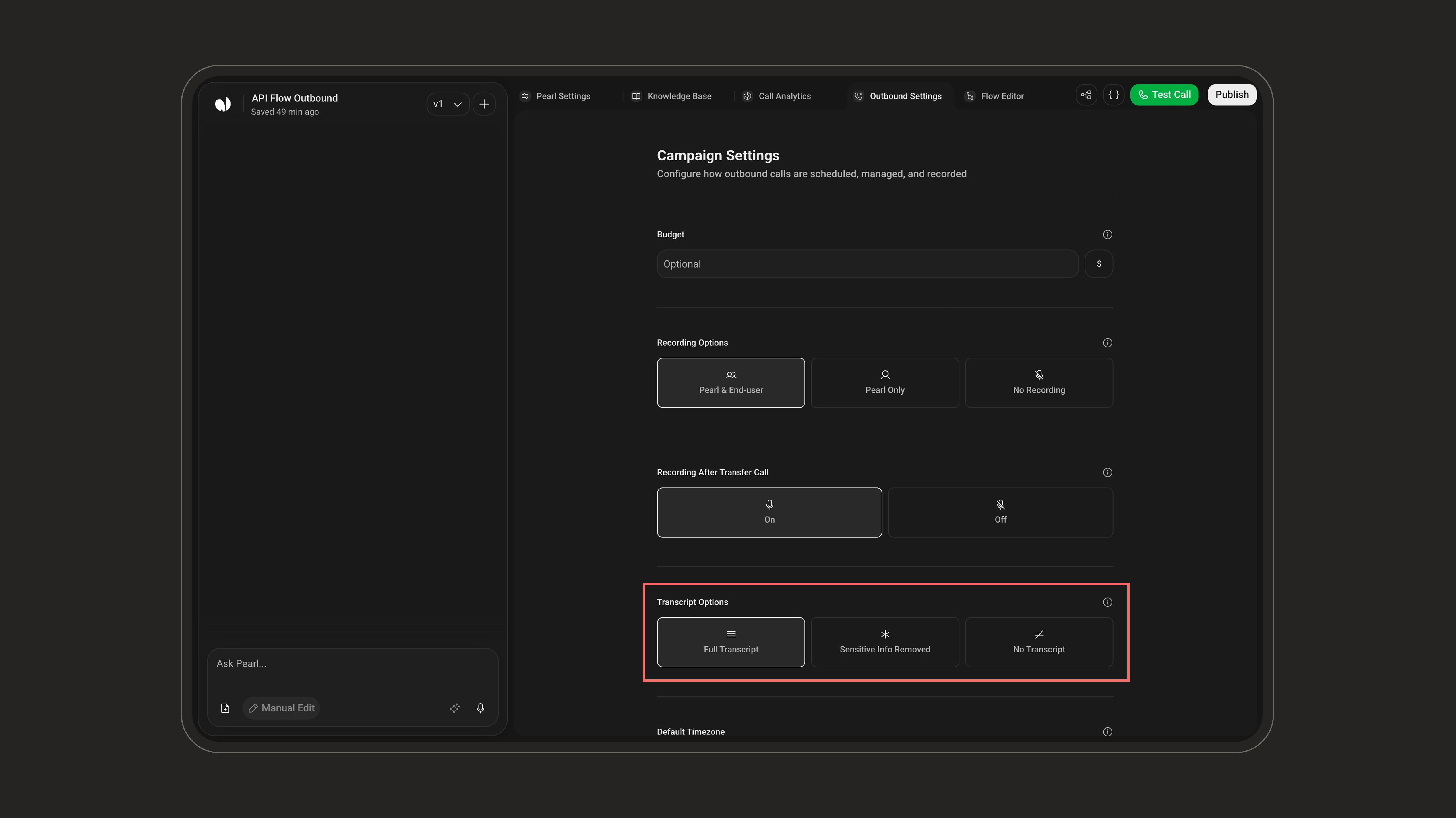Transcript Options setting