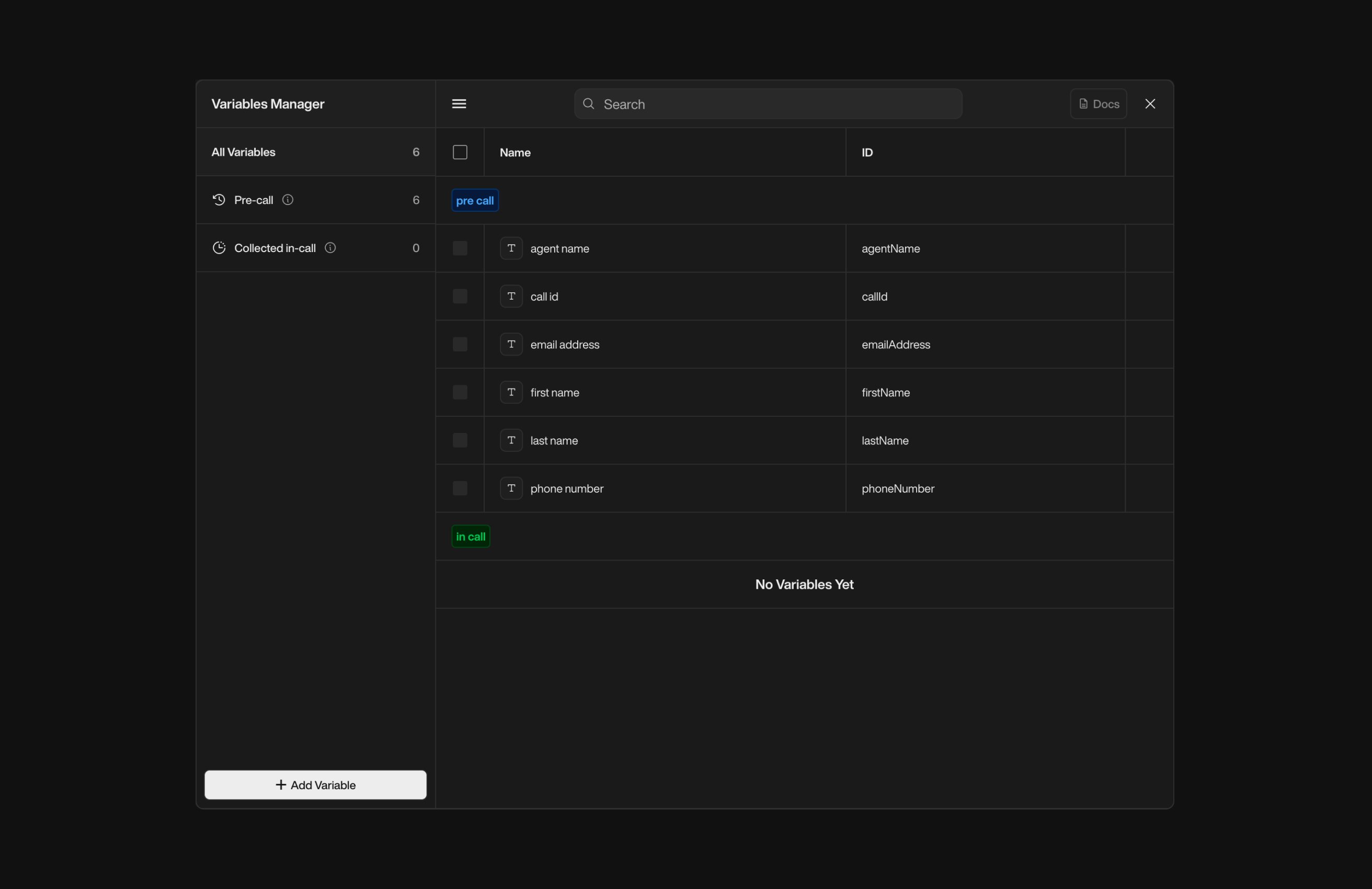 Variables Manager to create, edit, and organize variables