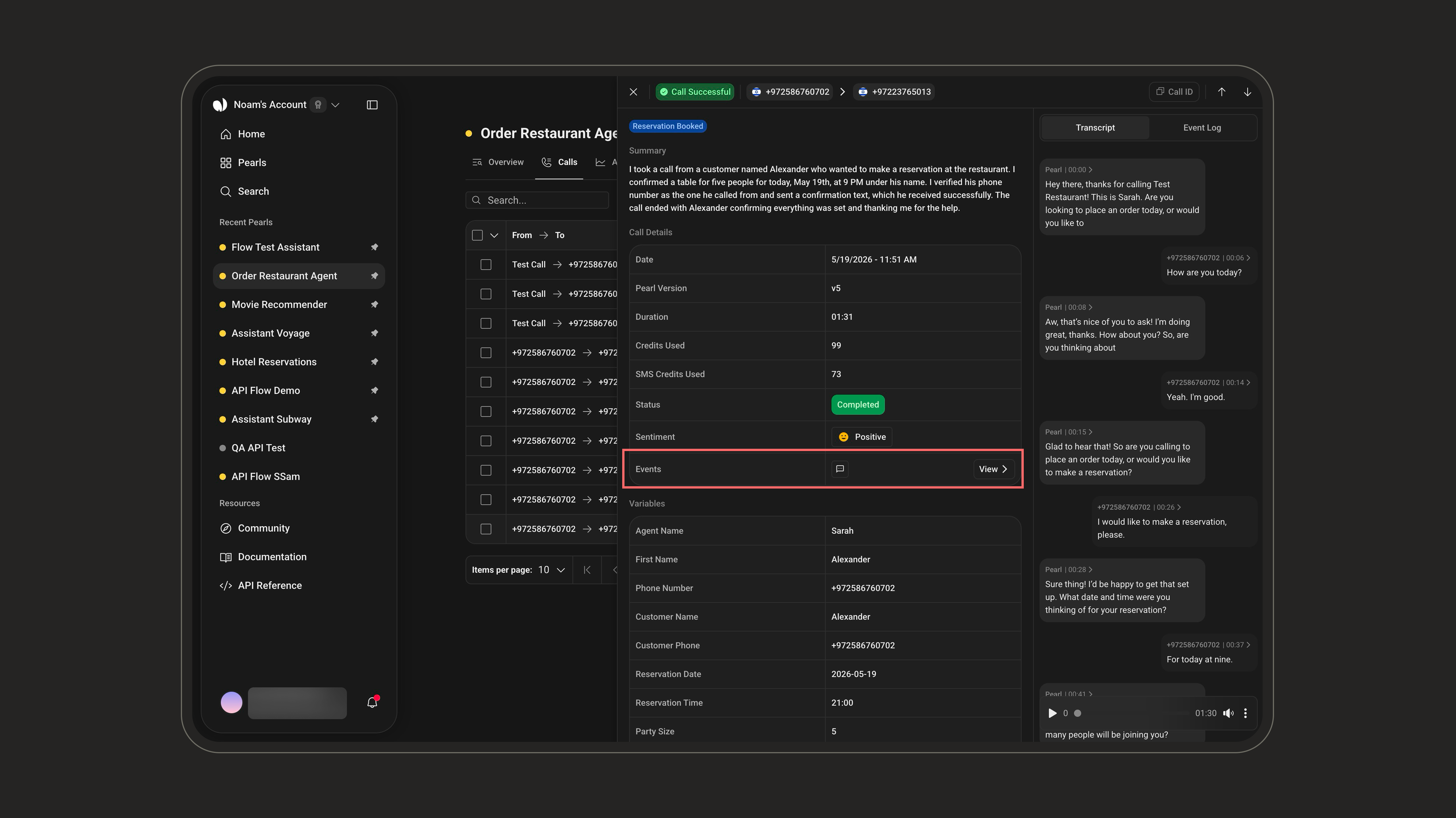 Events shortcut in the post-call view