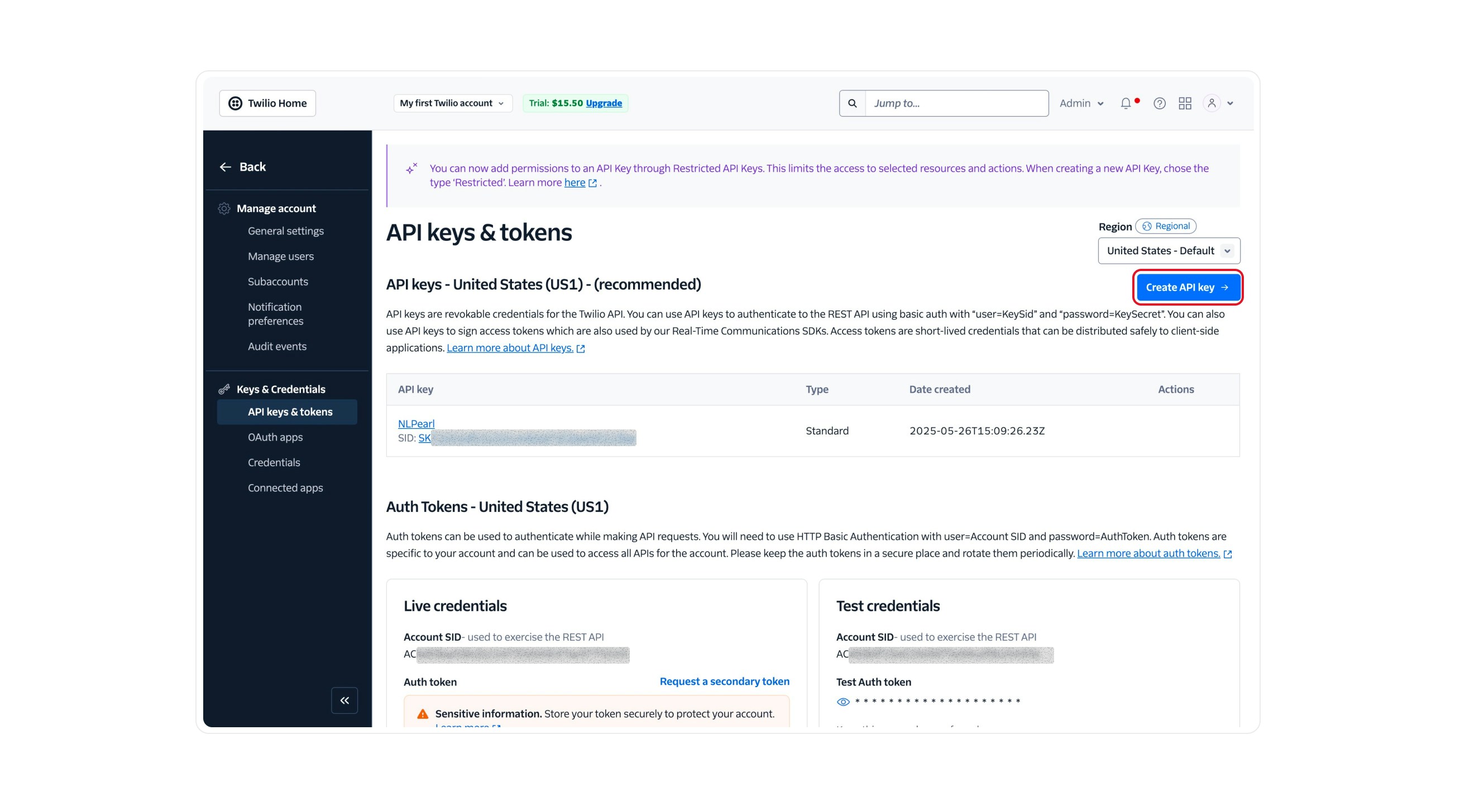 Twilio API Key settings – Light