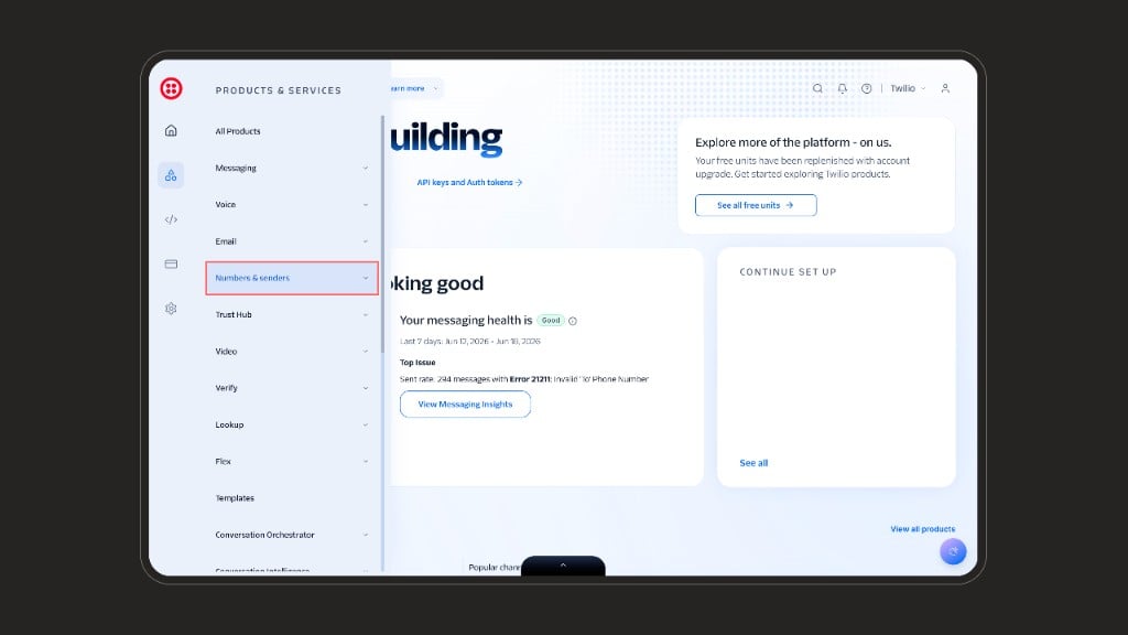 Open Numbers & senders in the Twilio Console