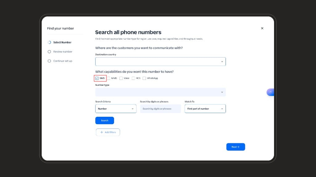 Select a phone number with SMS capability enabled