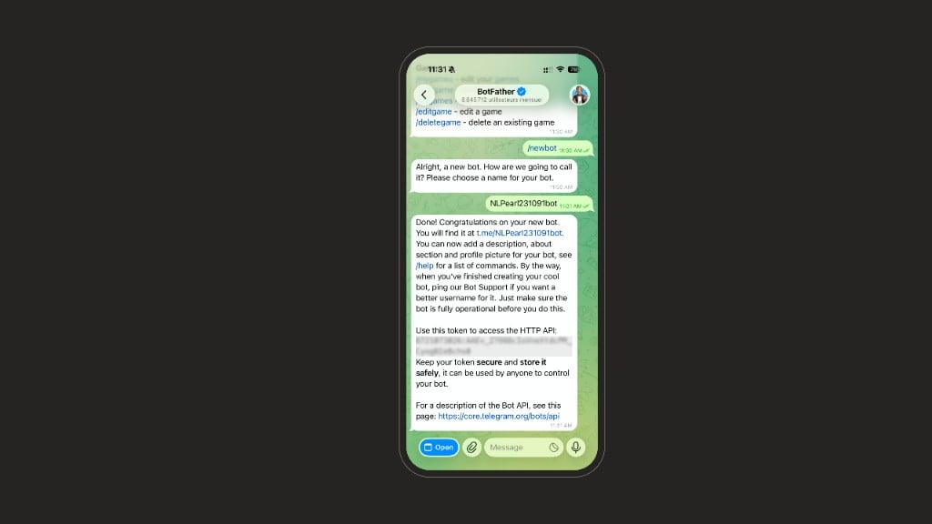 BotFather bot creation confirmation and token