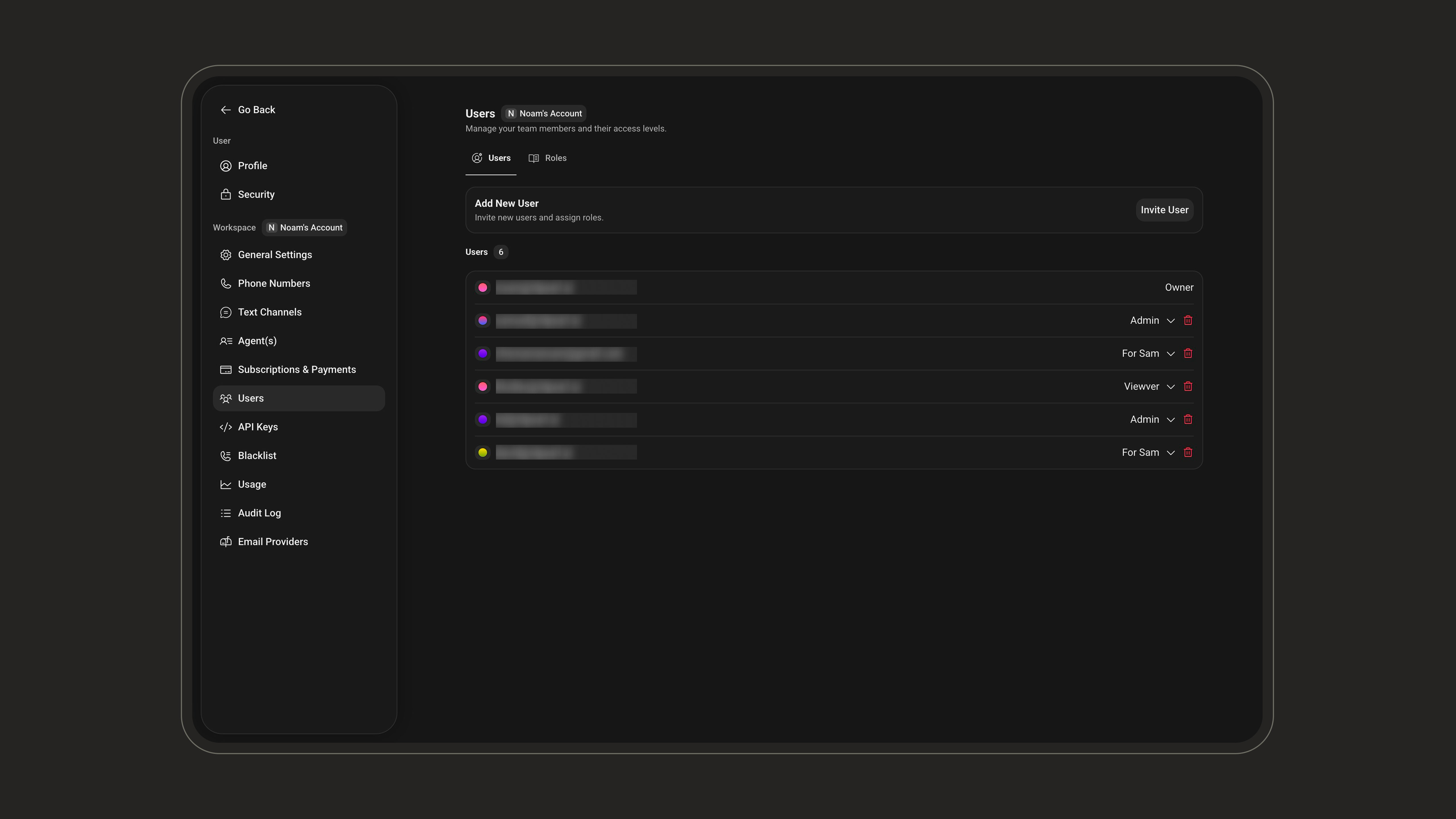 Users management page
