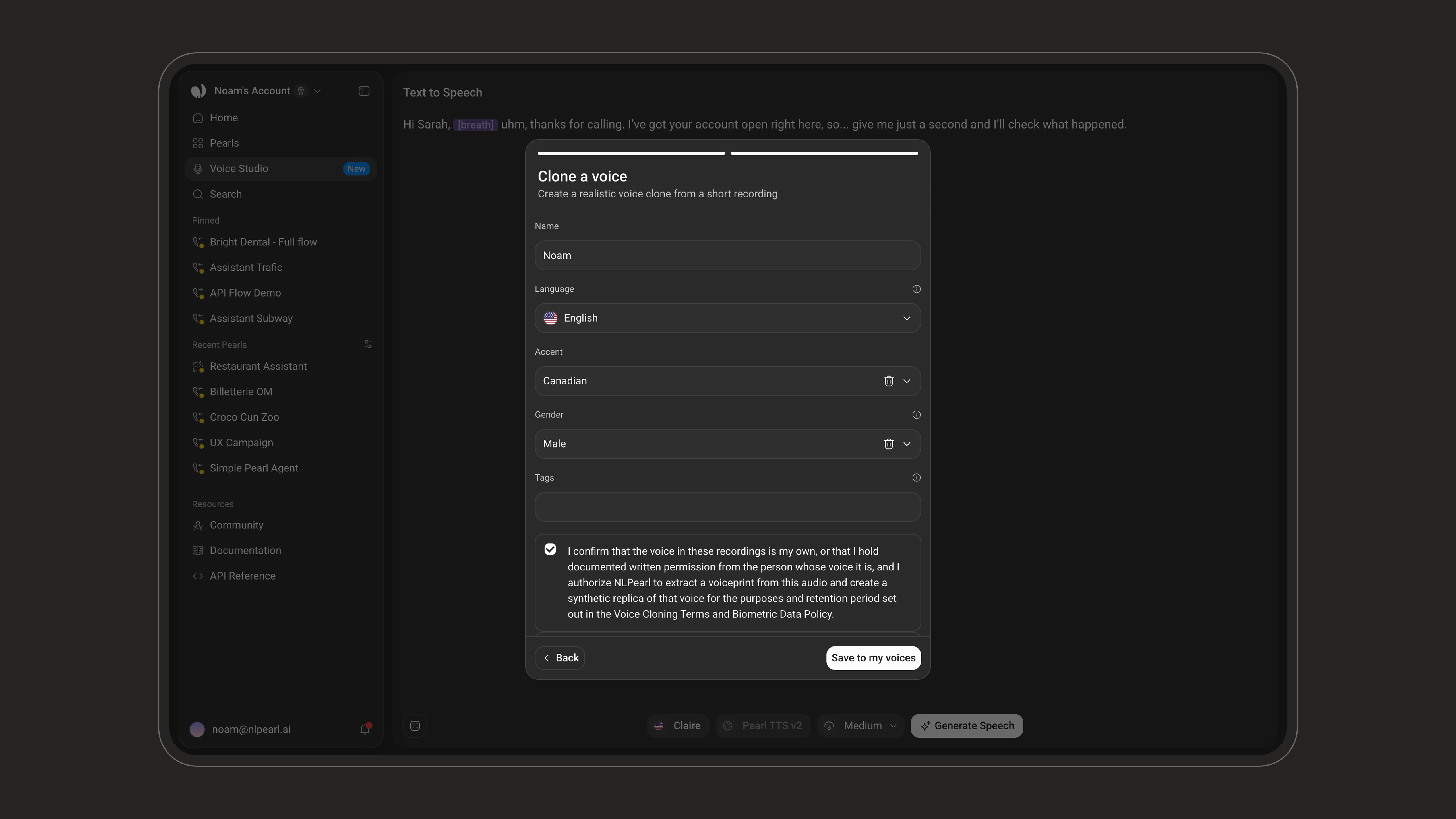 The second step of Clone a voice, with the name, language, accent, gender and tags fields