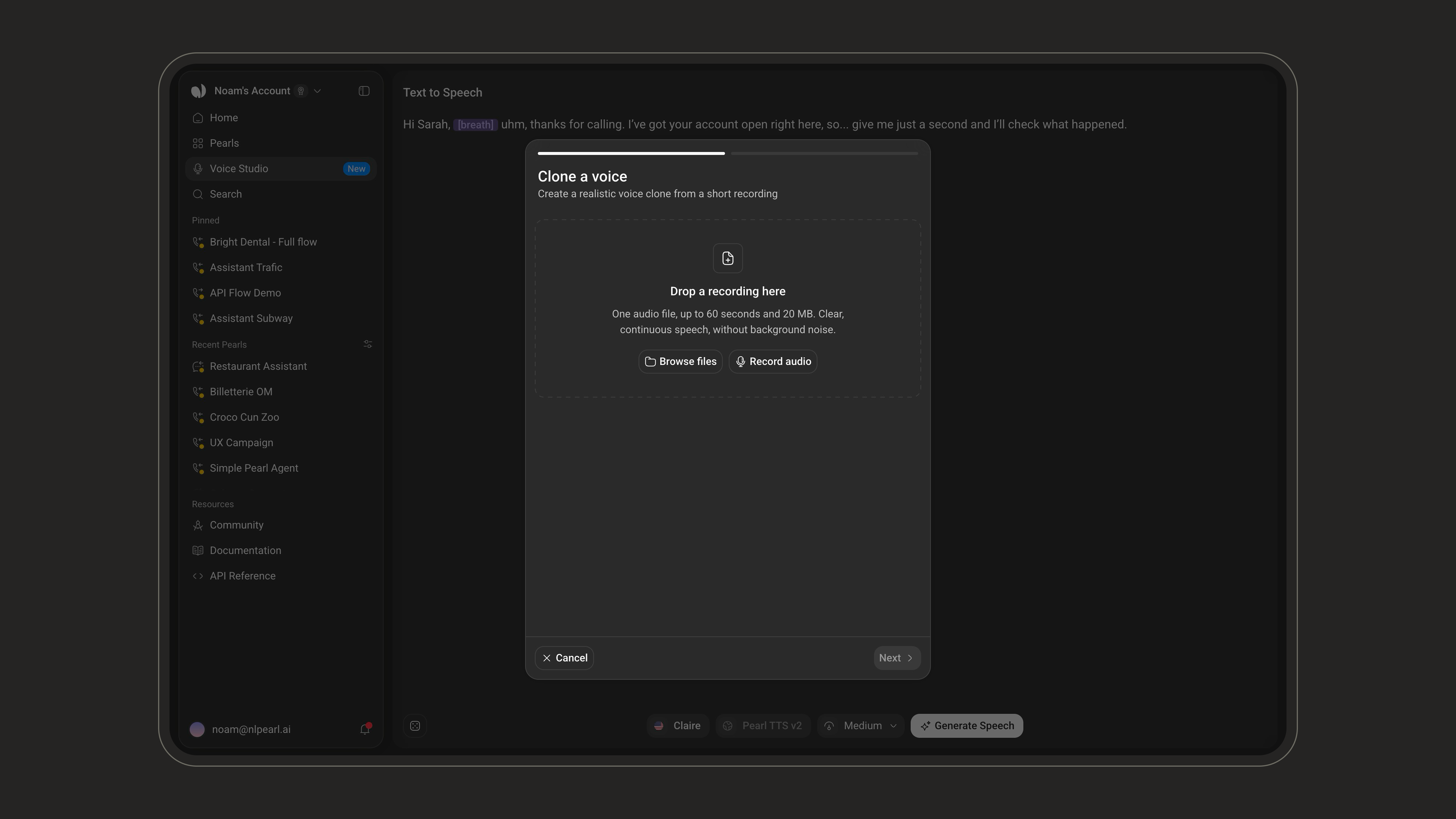 The first step of Clone a voice, asking for one recording