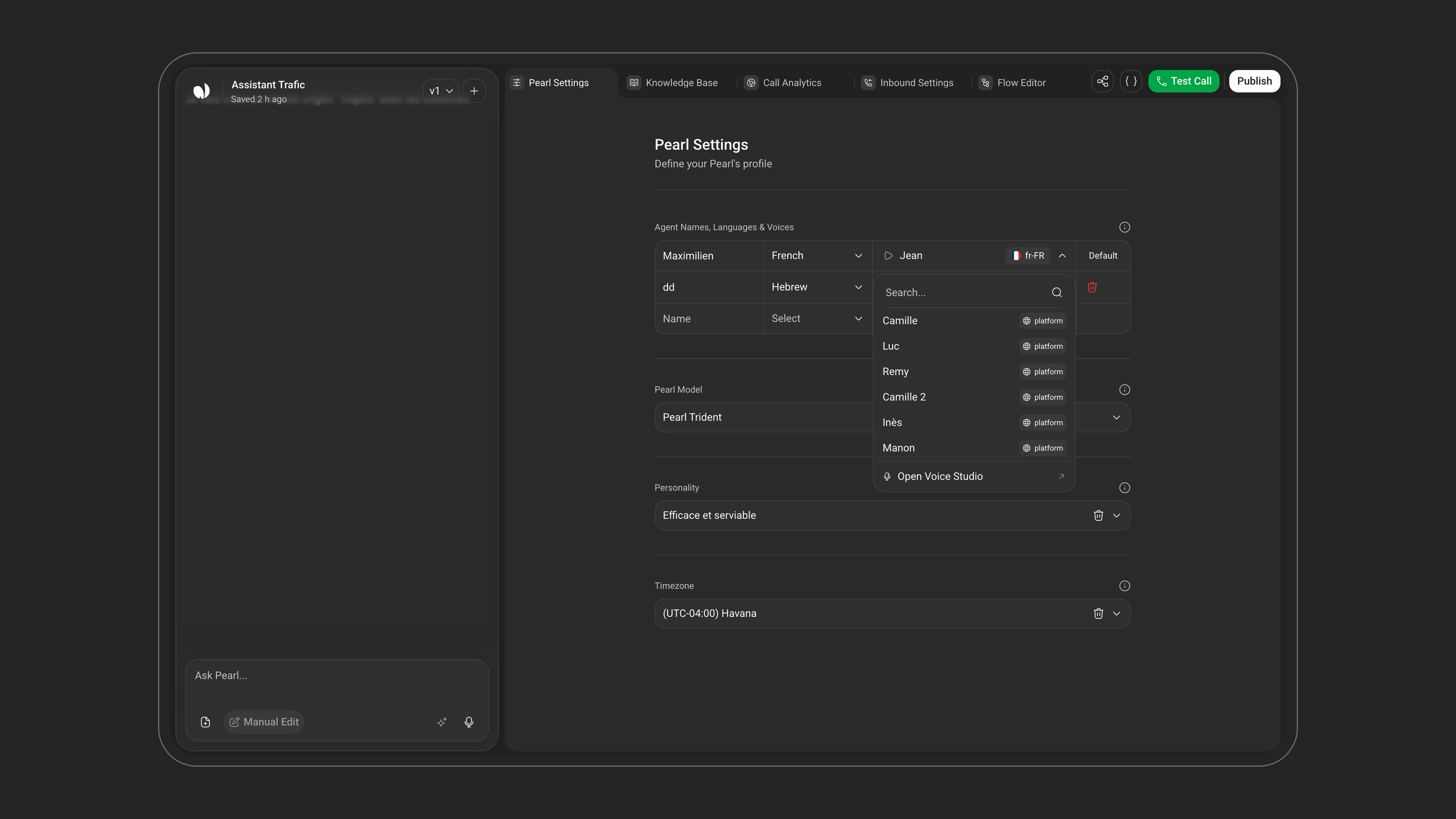 An agent's voice dropdown in Pearl Settings, with Open Voice Studio at the bottom of the list