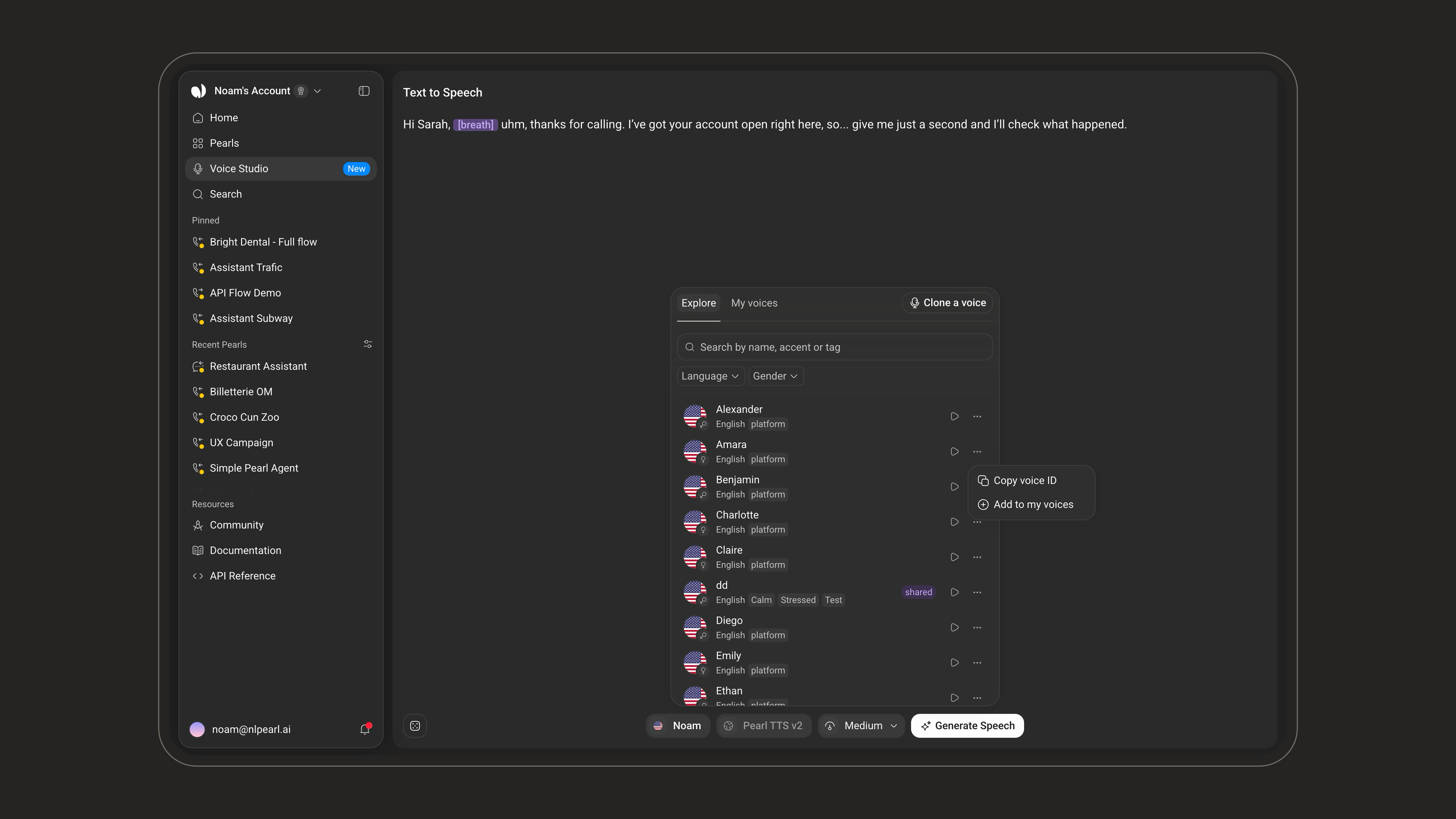 The menu on a voice row, with Copy voice ID and Add to my voices