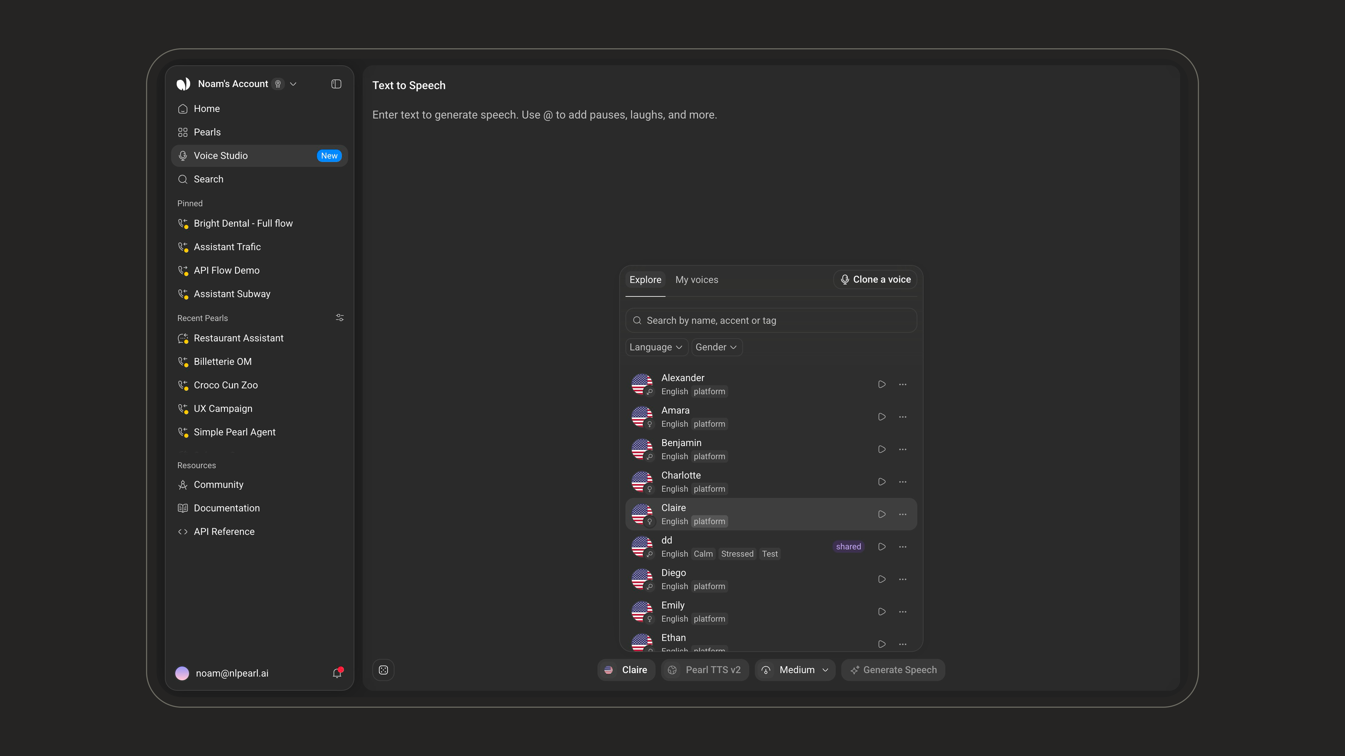The voice picker open on the Explore tab, with search, filters and a list of voices