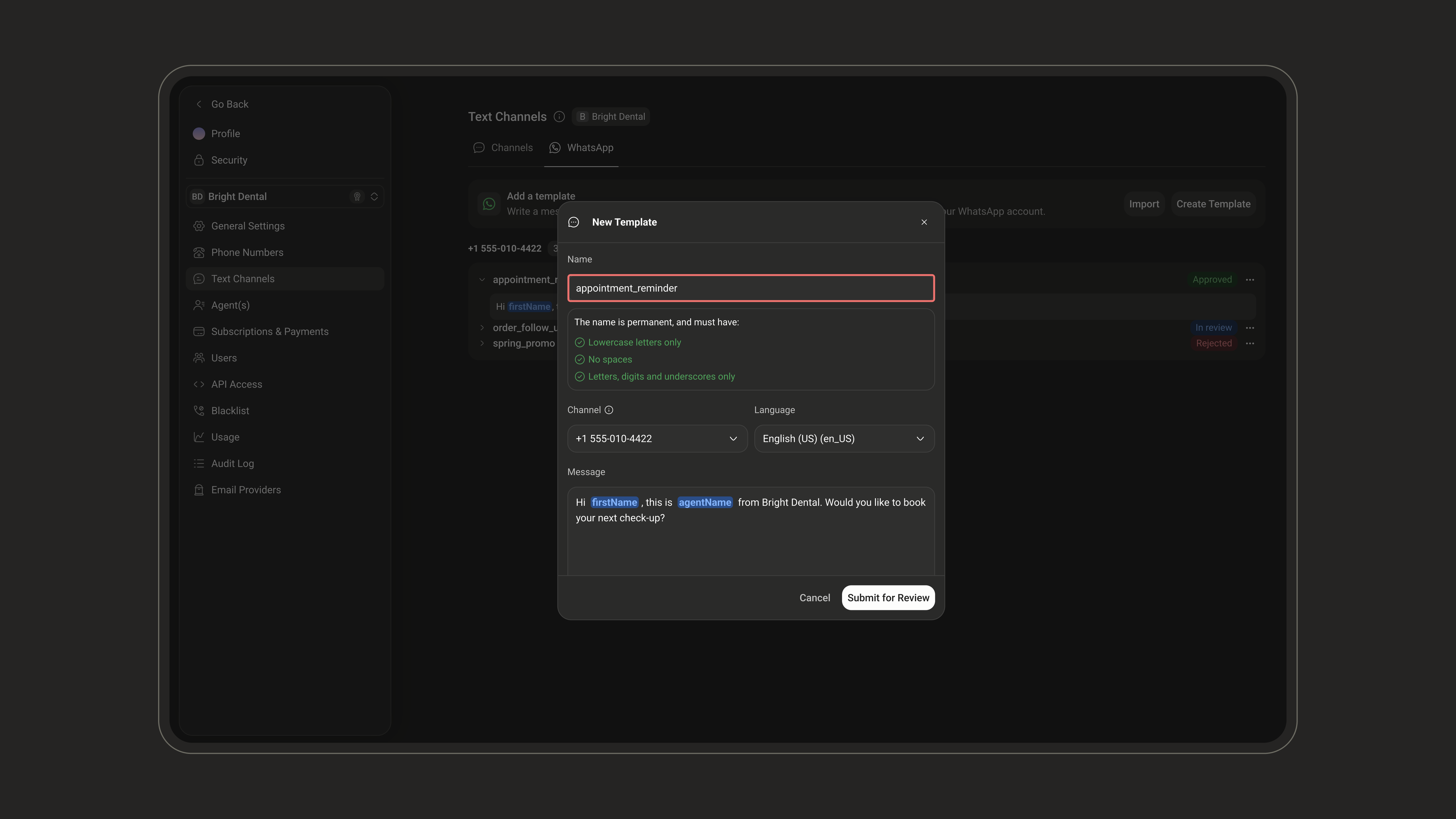 New Template window with the template name, channel, and language