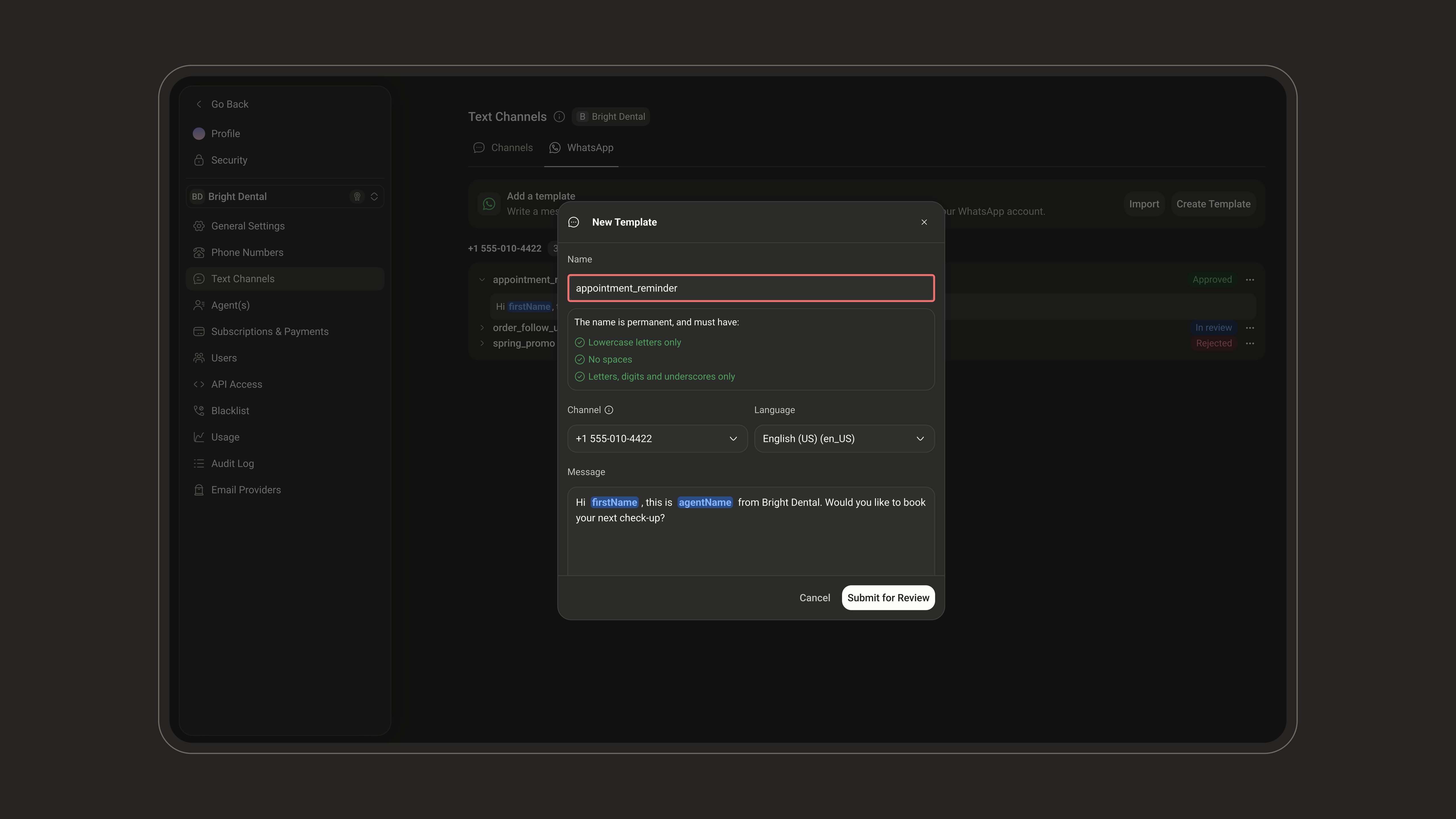 New Template window with the template name, channel, and language