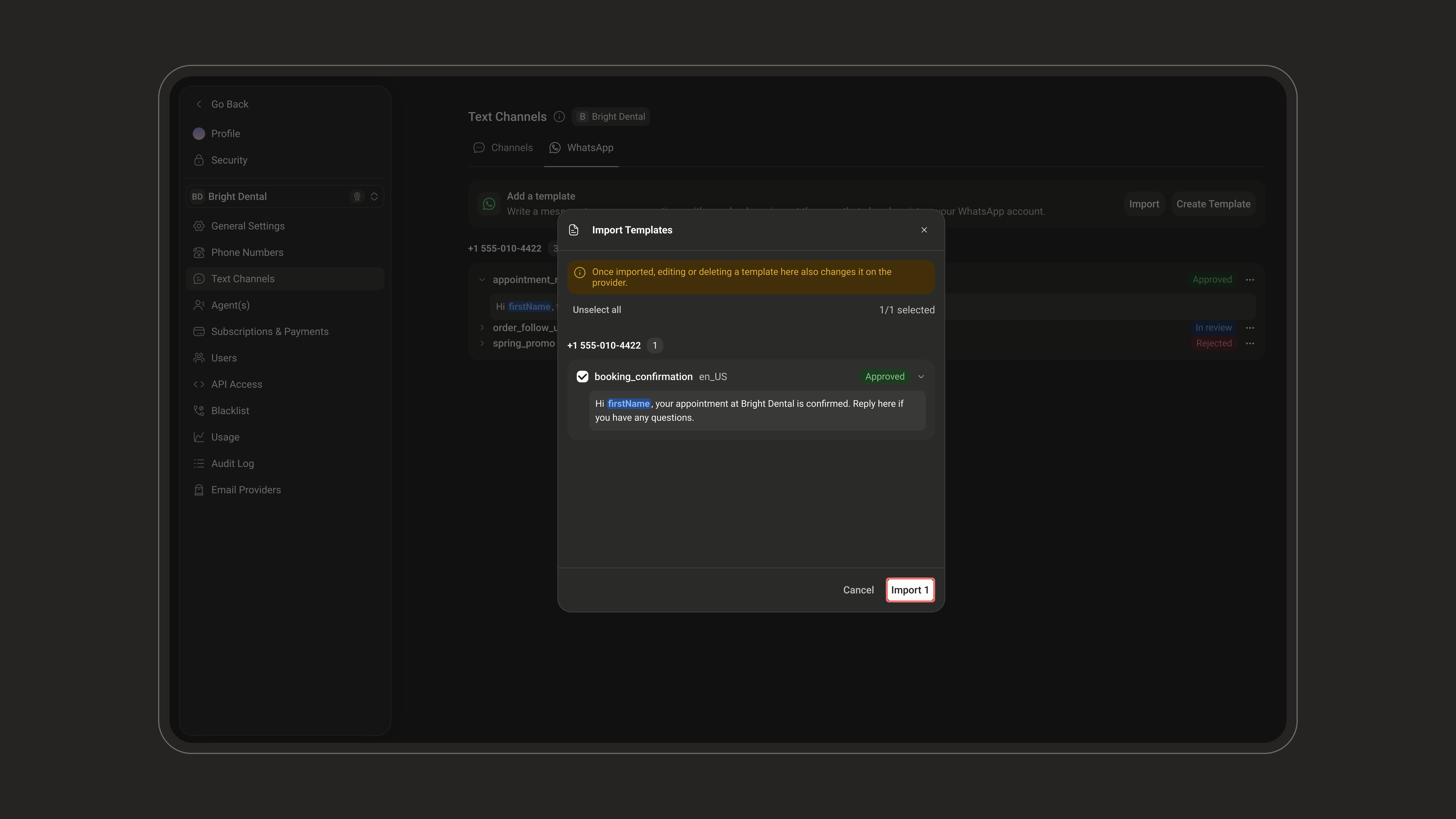 Import Templates window with a template selected