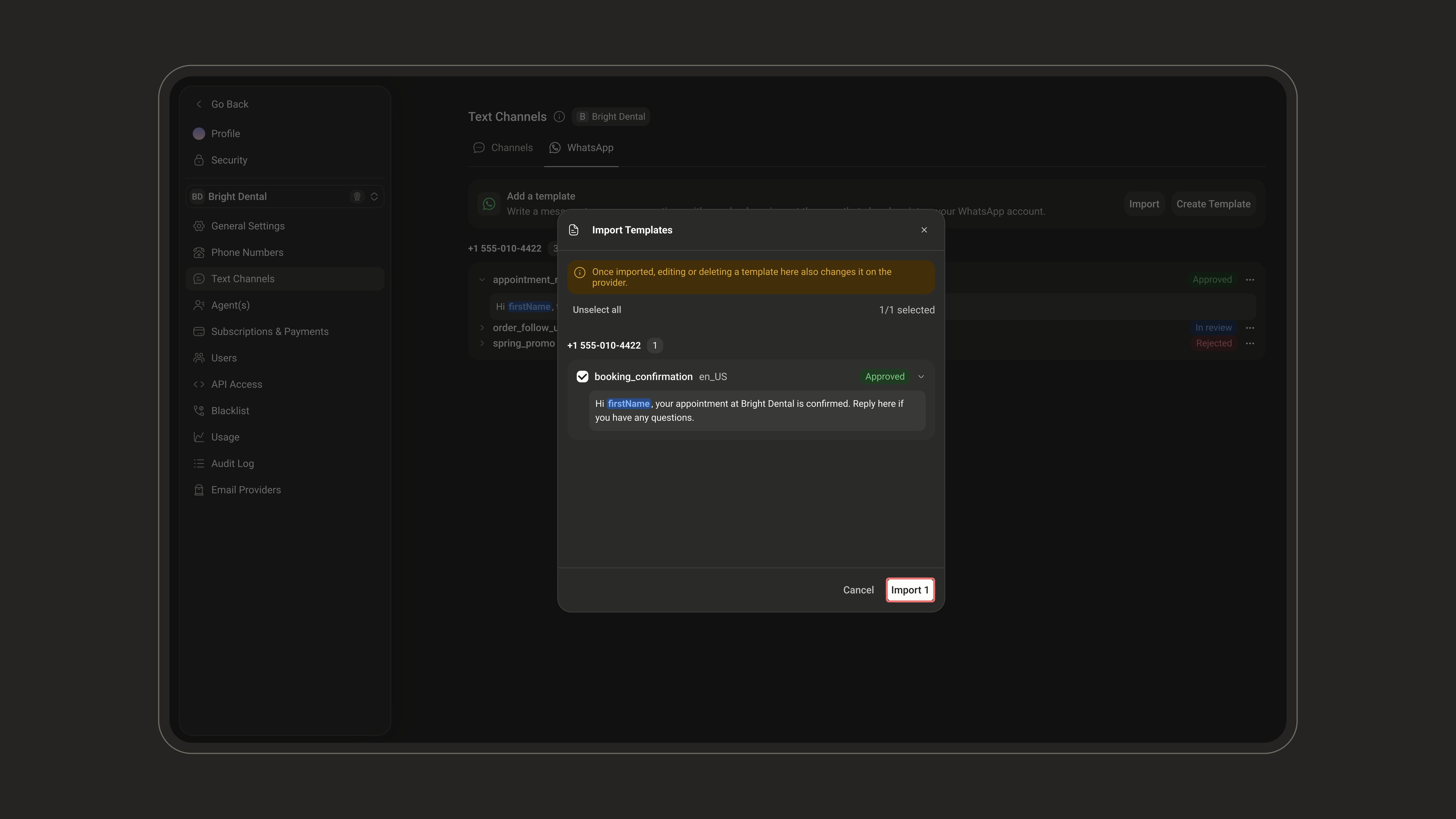 Import Templates window with a template selected