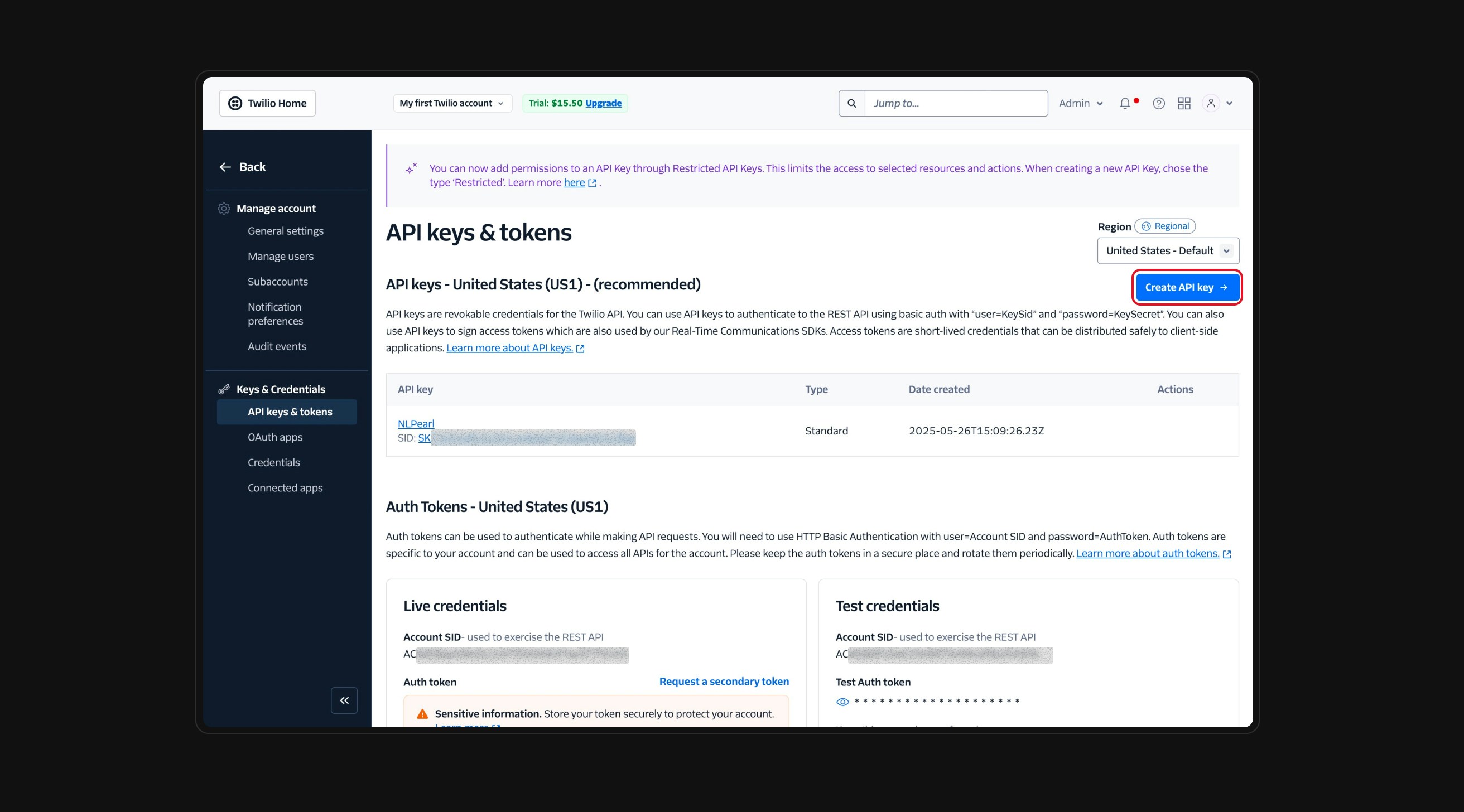 Twilio API Key settings – Dark