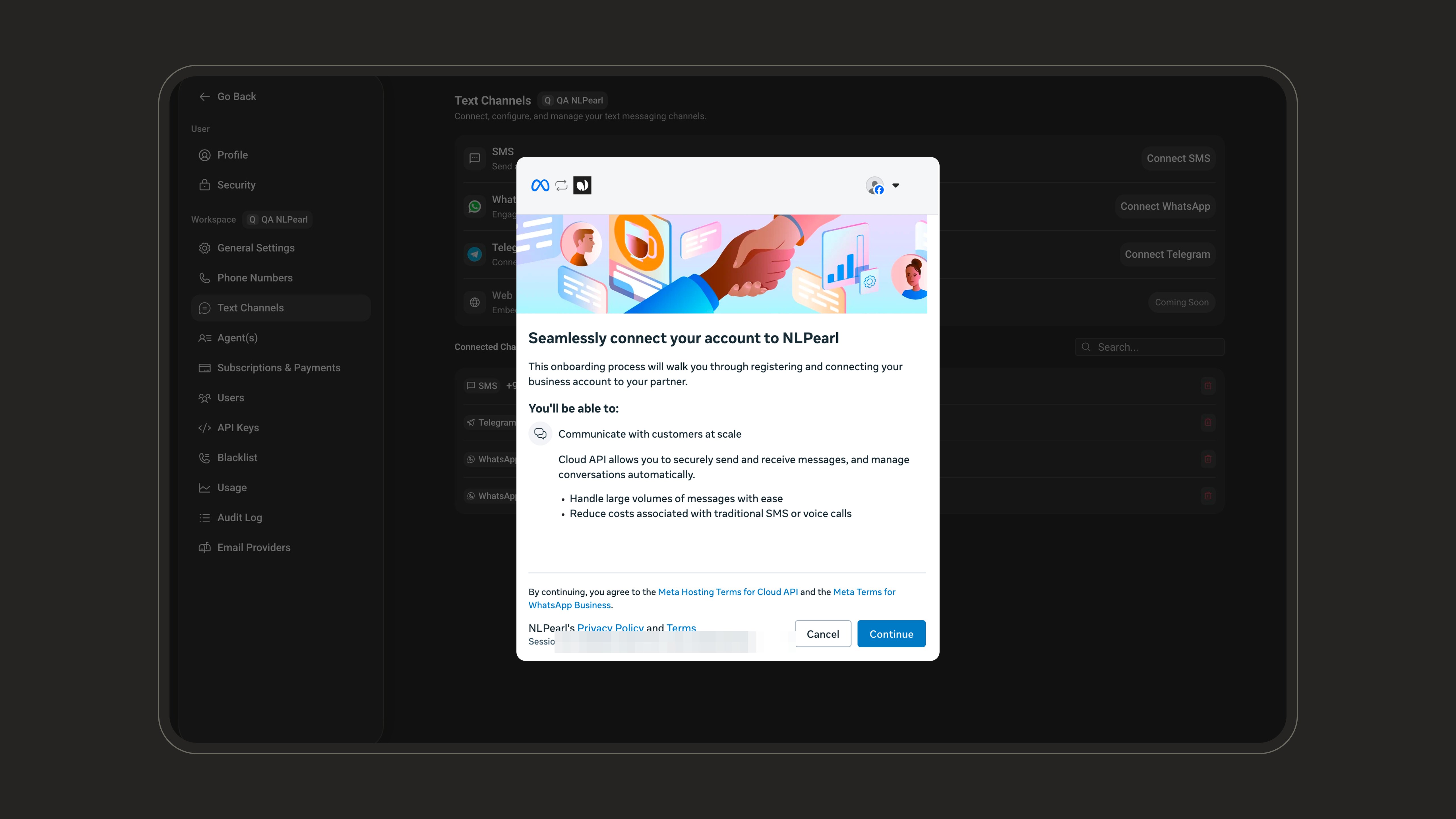 Meta Embedded Signup introduction screen