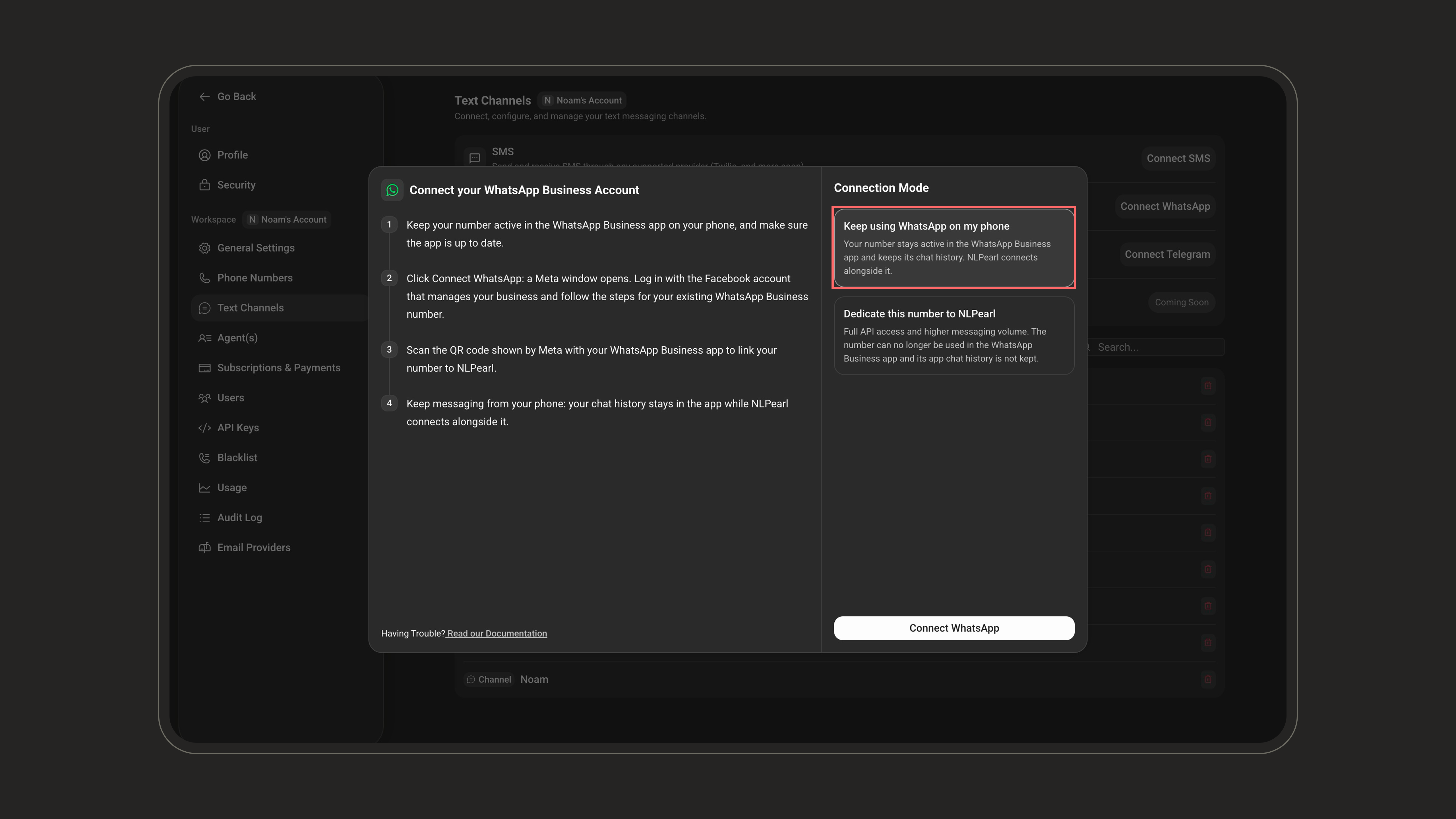 Coexistence mode selected in the Connect WhatsApp panel