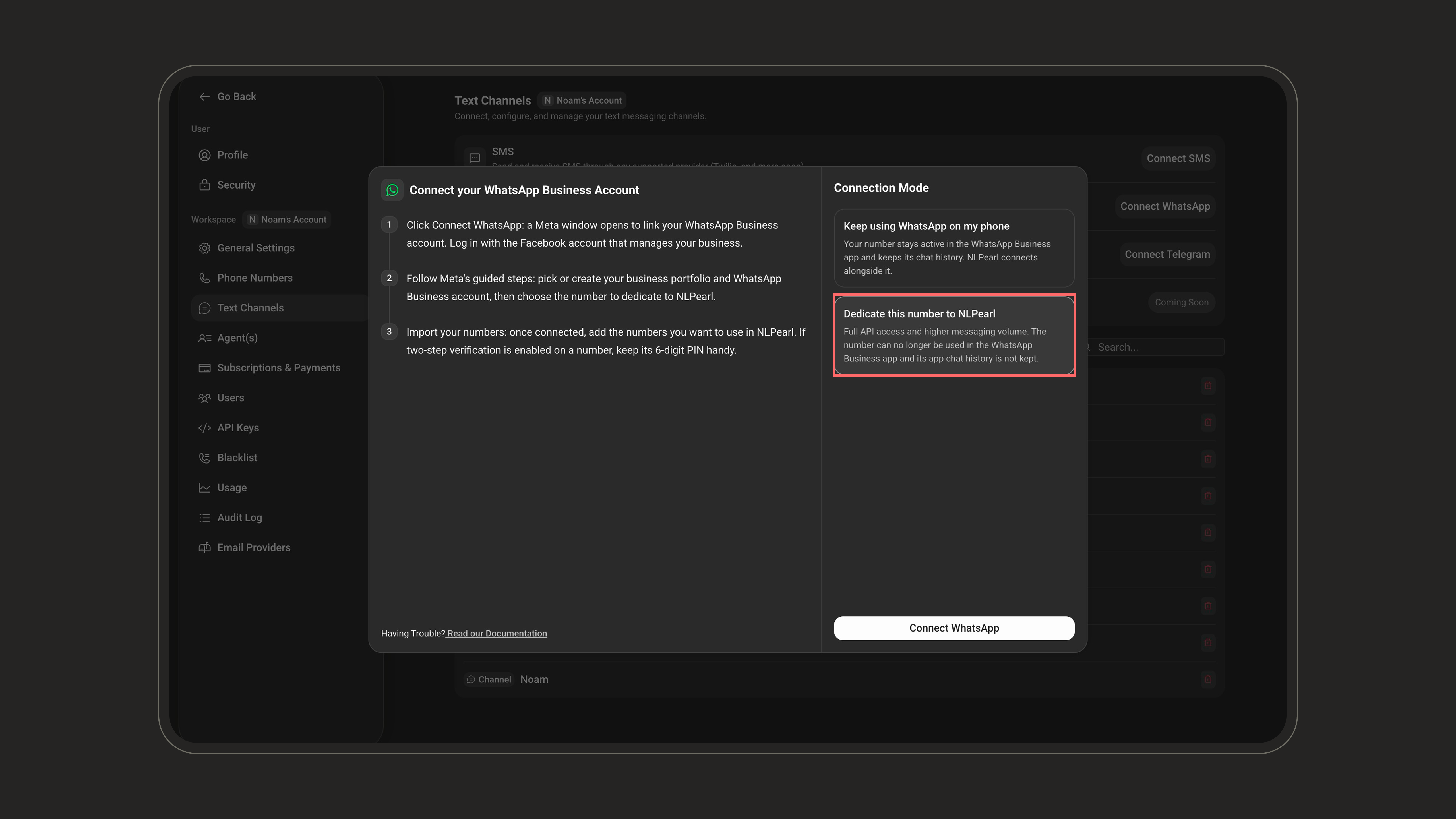 Dedicated mode selected in the Connect WhatsApp panel