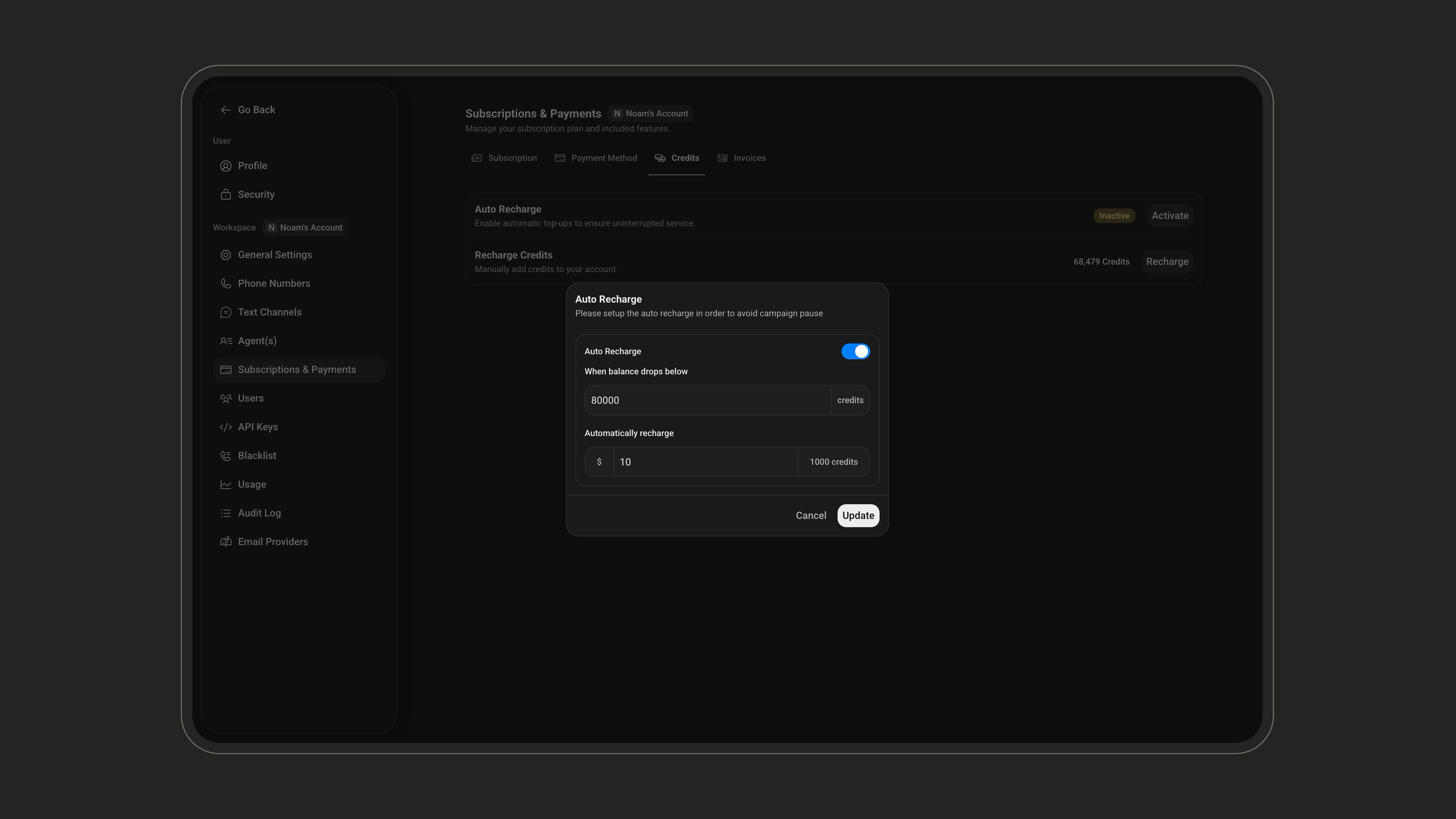 Auto-recharge settings on the Subscription & Payment page