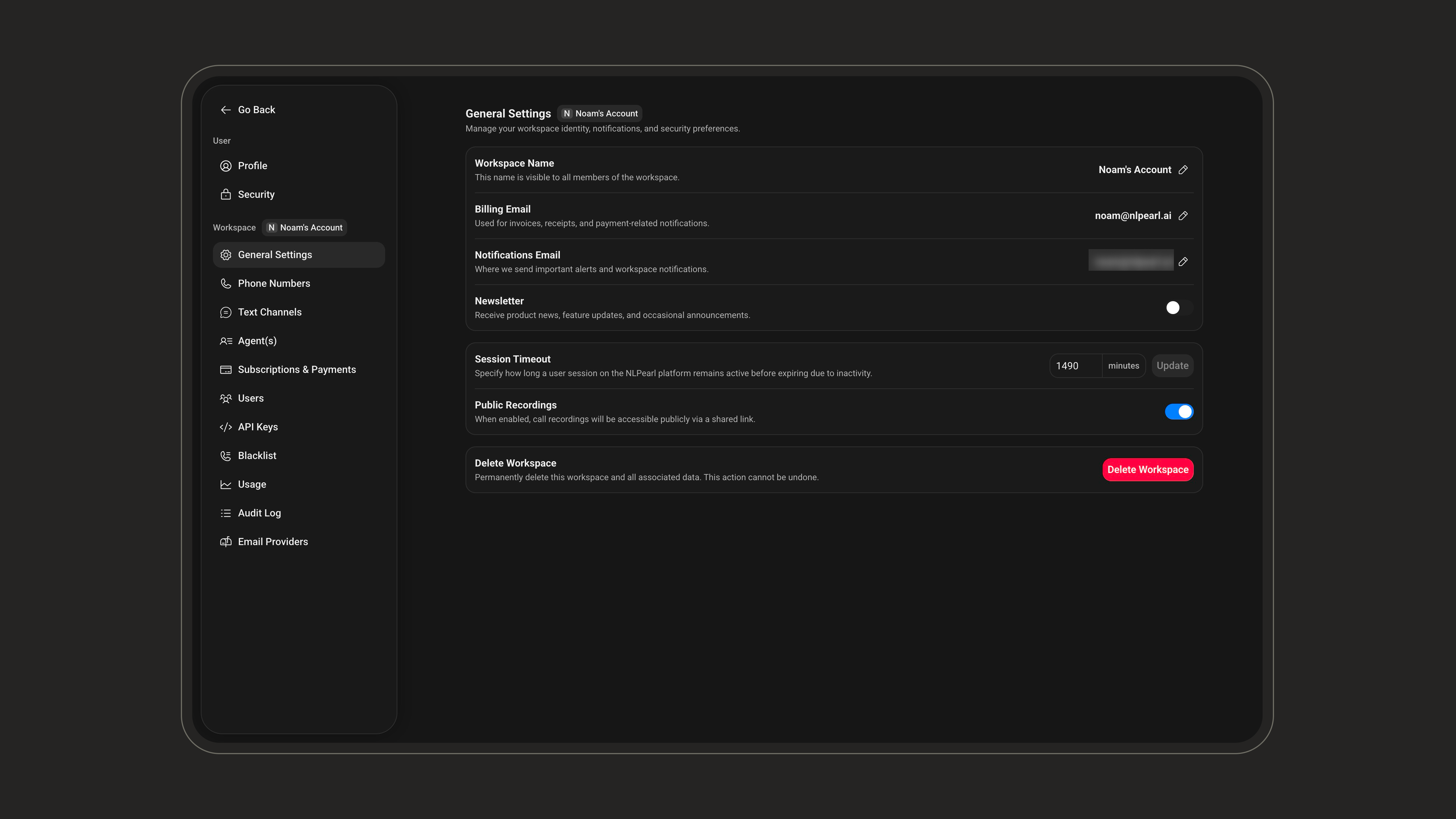 Workspace general settings