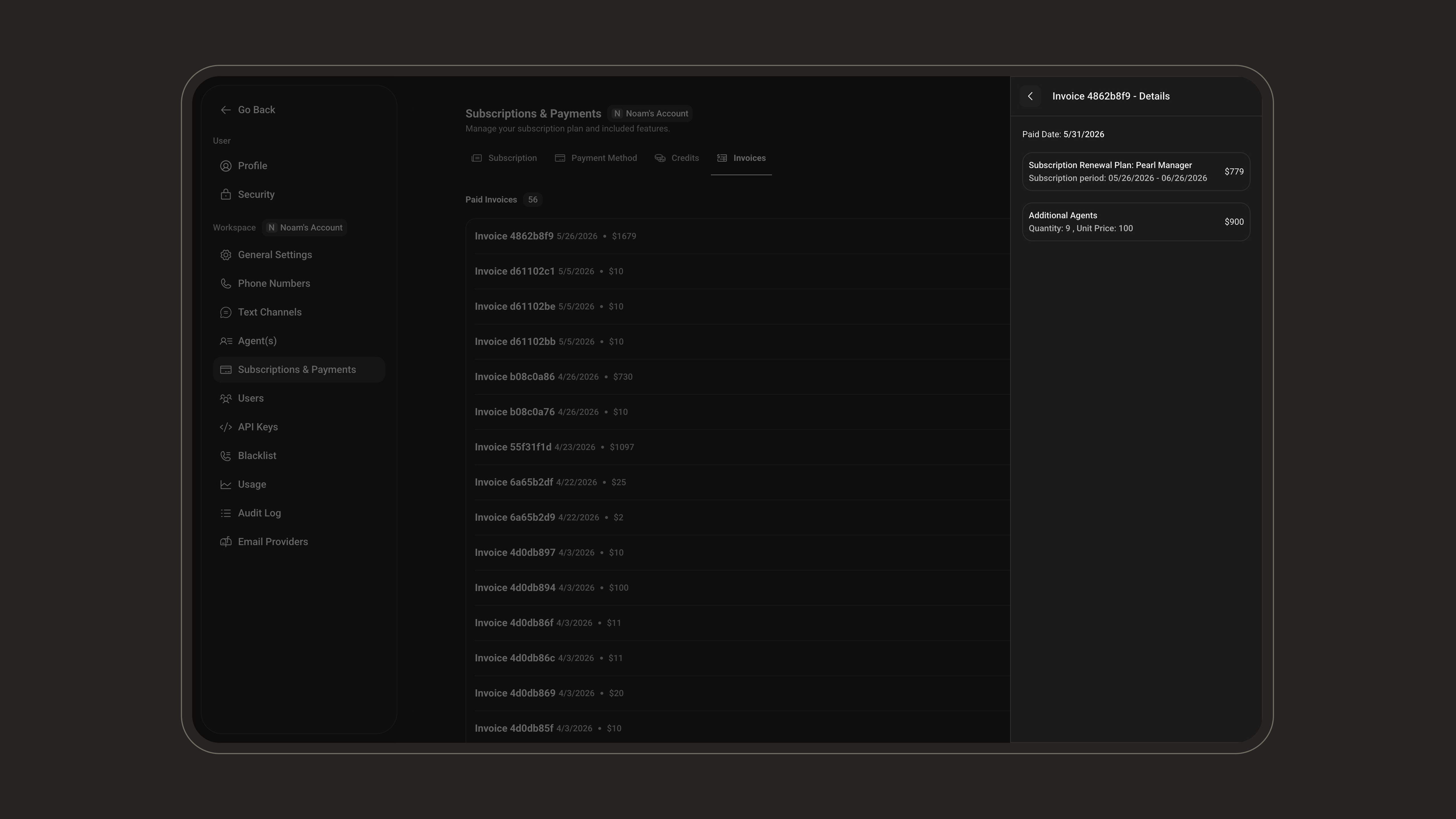 Invoices list on the Billing page