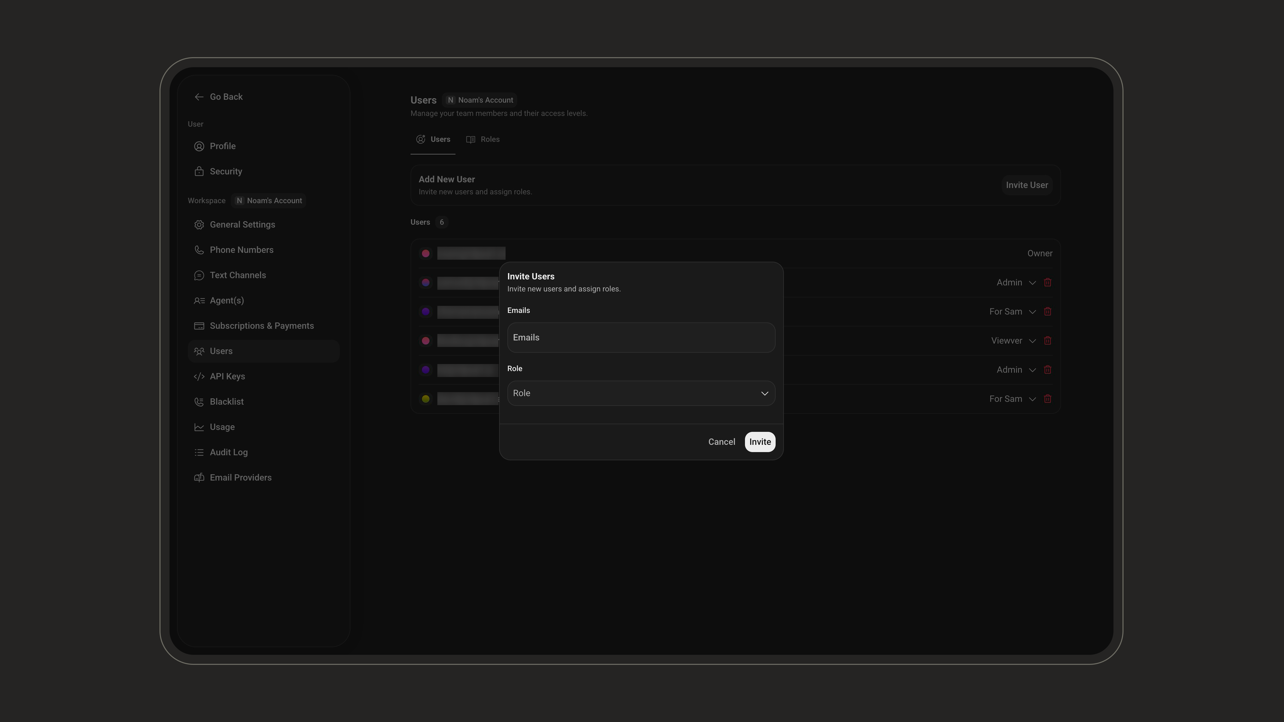 Invite user dialog