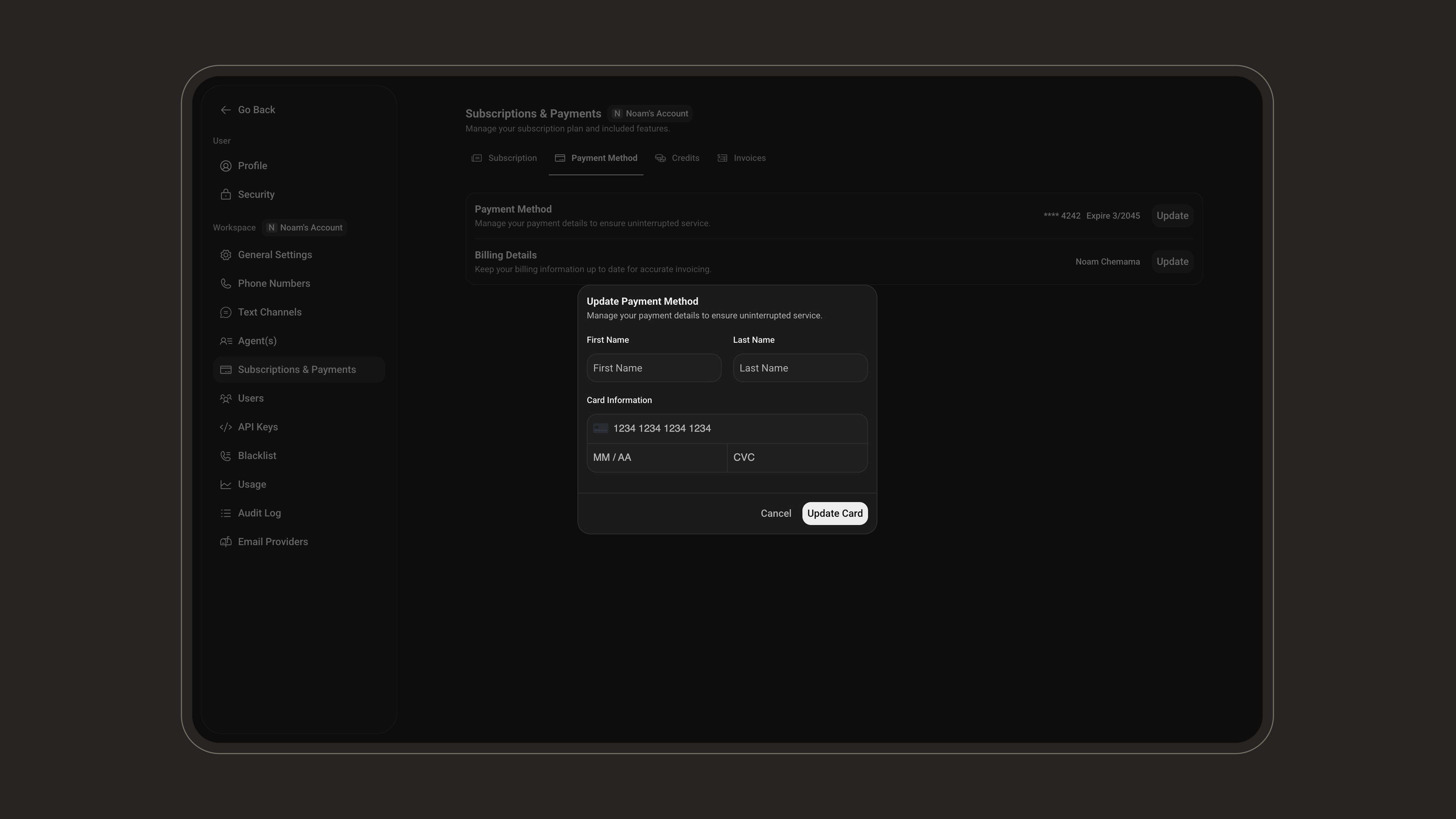 Payment method on the Billing page