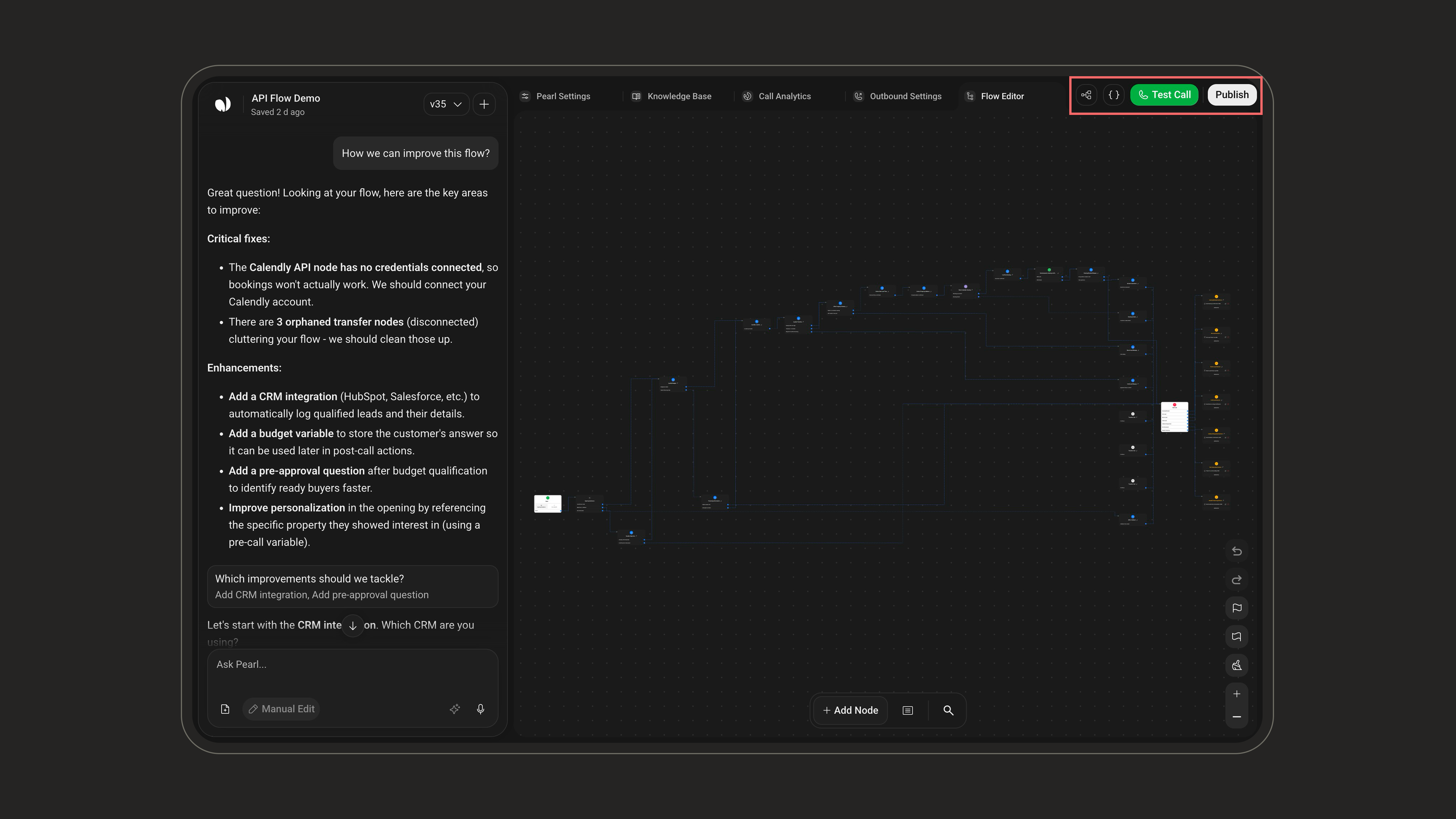 Publish, Test Call, and credentials/variables buttons in the header
