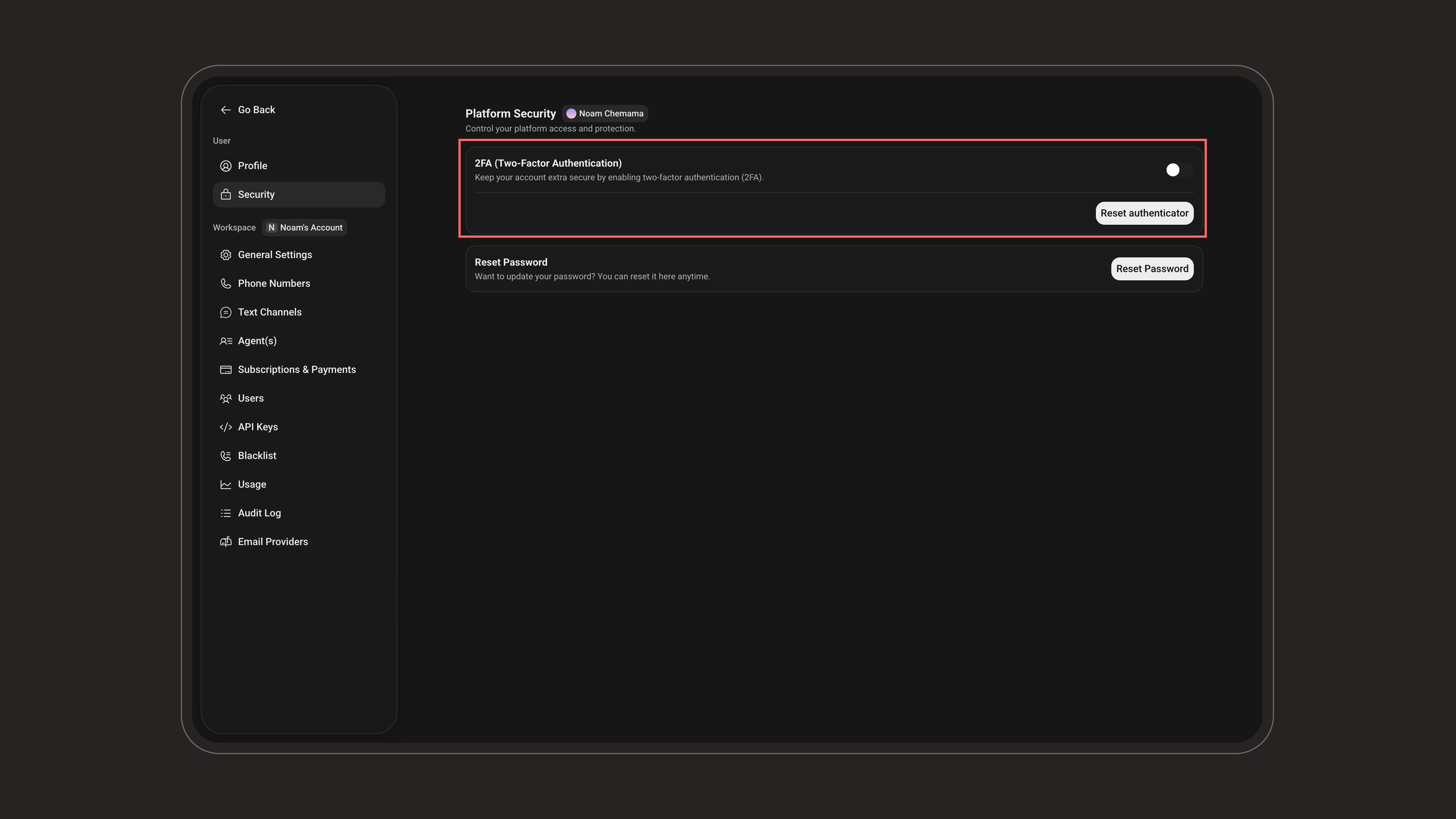 Two-Factor Authentication box on the Platform Security page