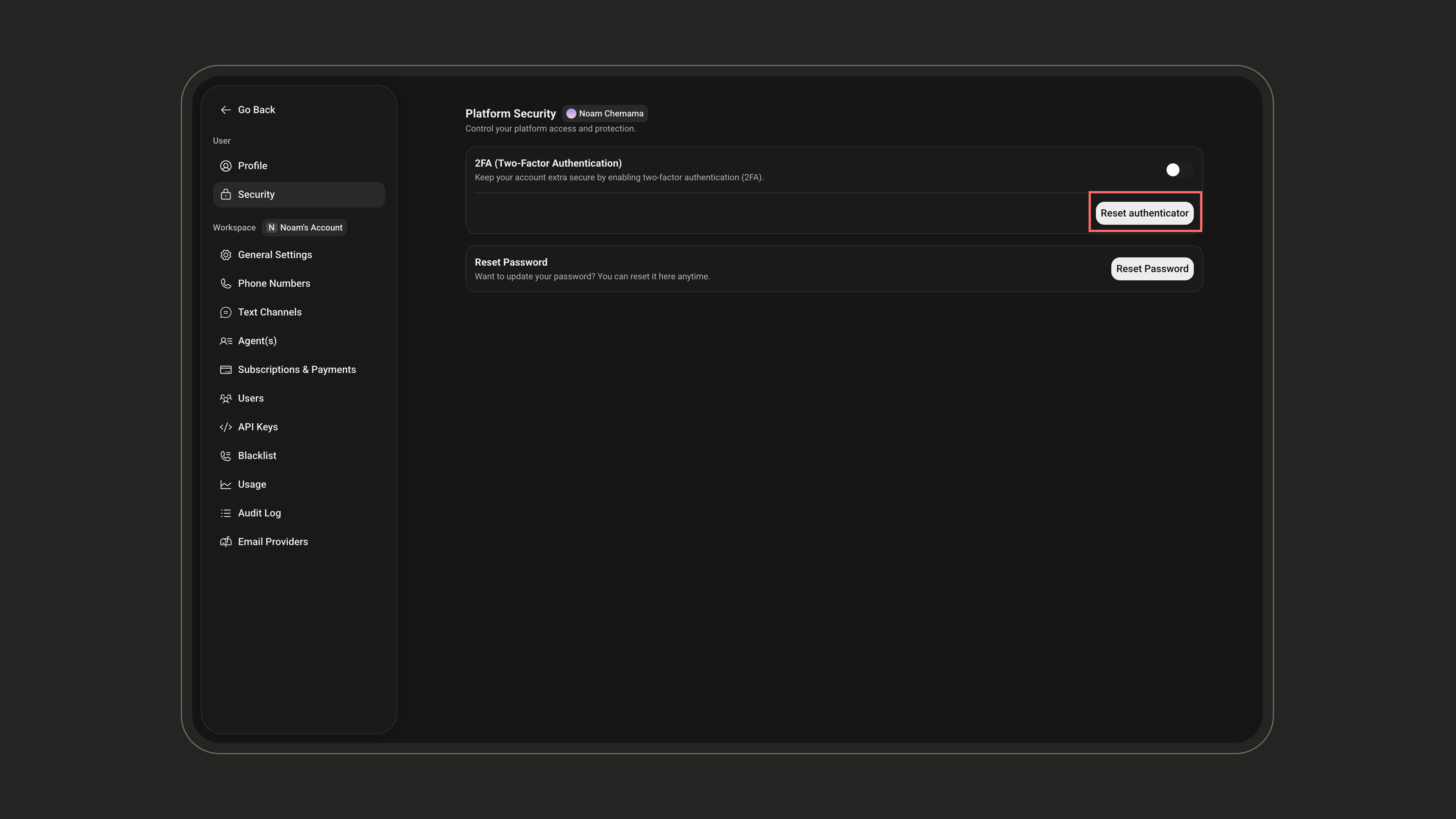 Button that opens the 2FA setup window