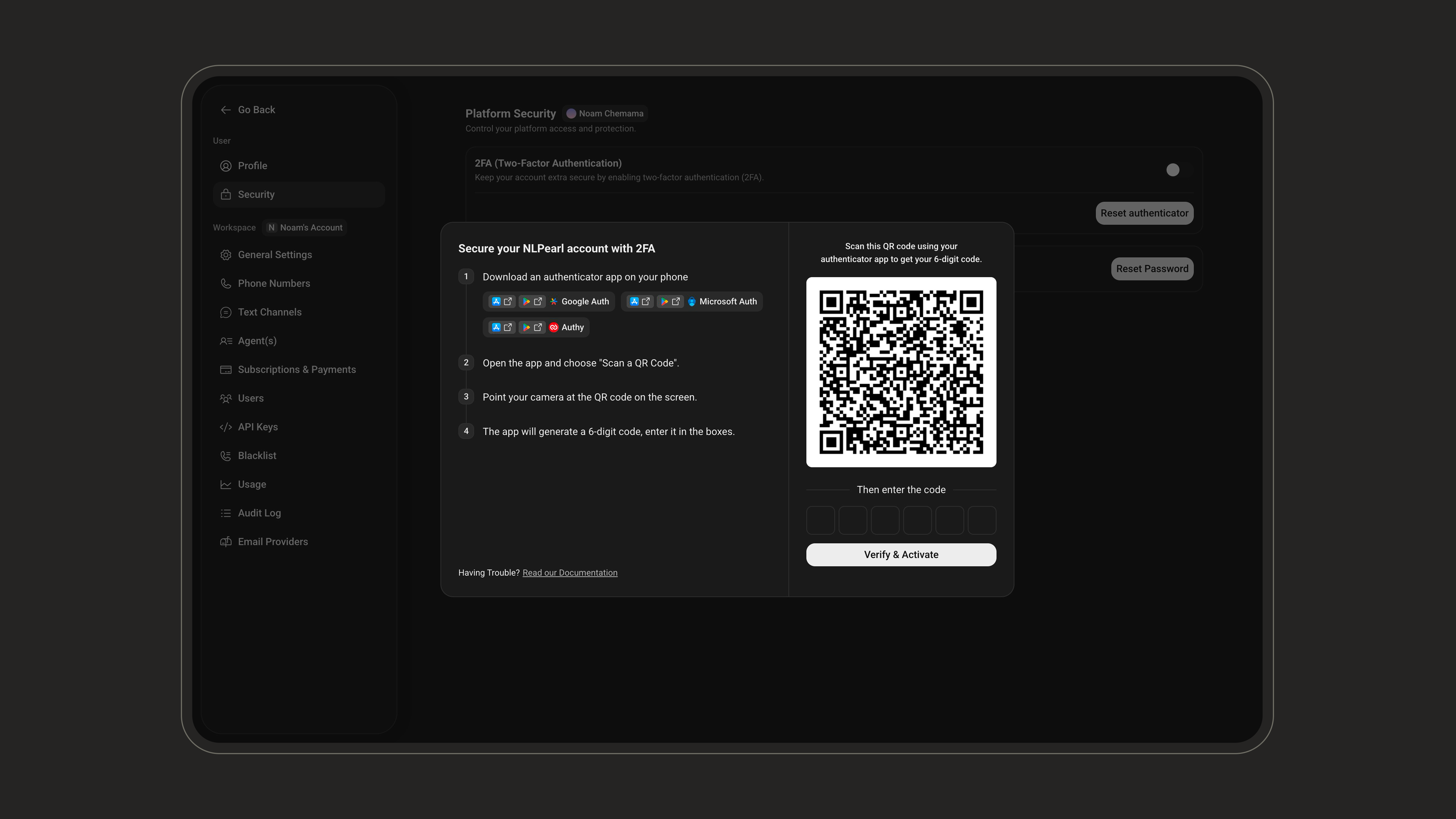 2FA setup window with QR code and verification code