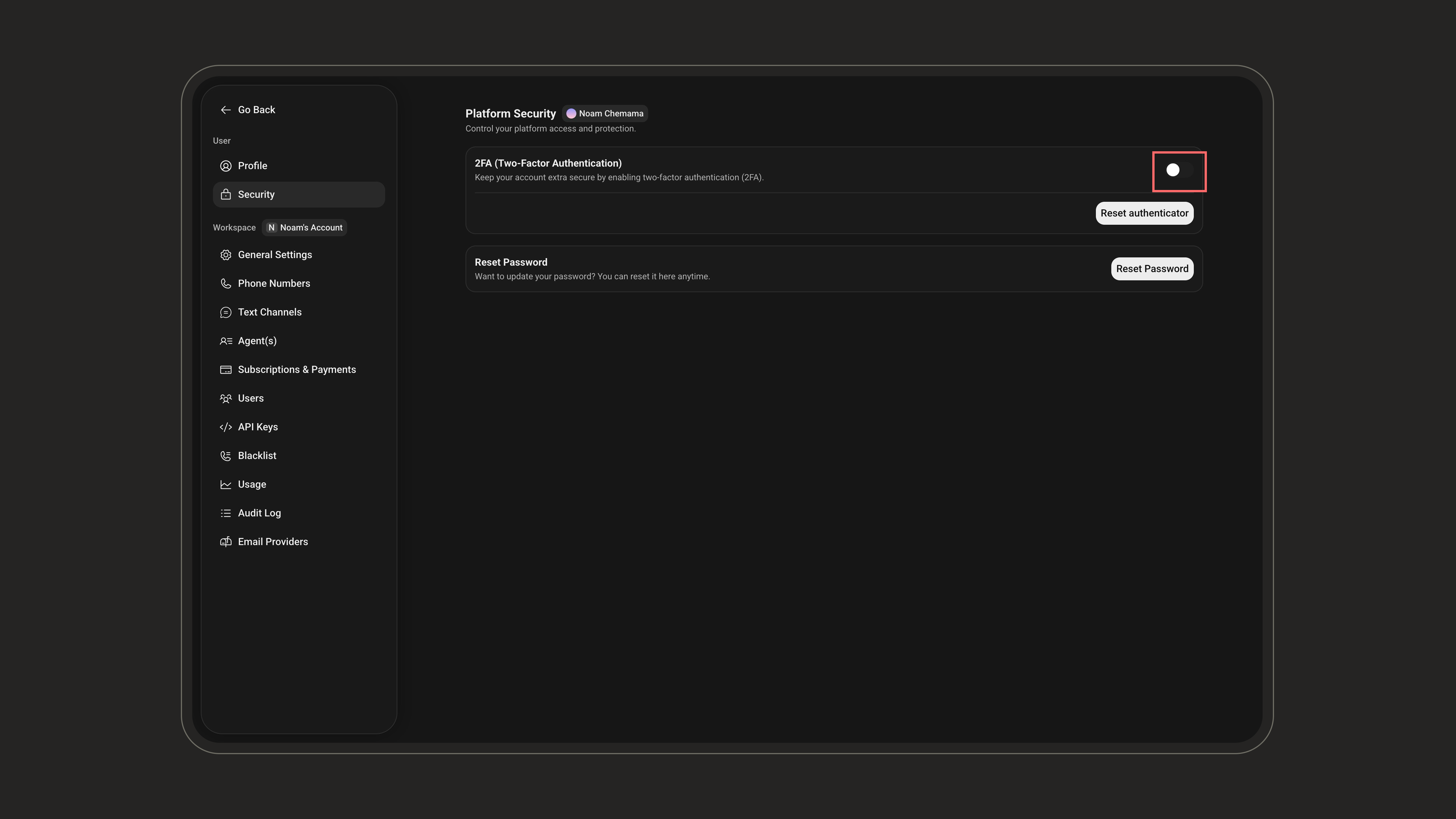 Toggle to turn 2FA on or off on your account